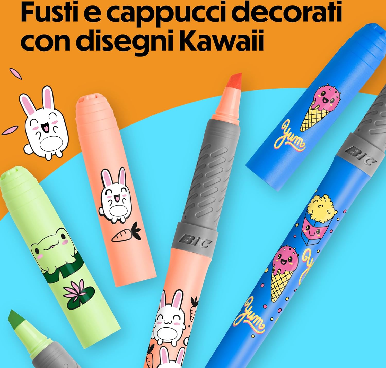 Detalle de Penne Evidenziatori BIC Highlighter Grip Décor Serie Kawaii Punta a Scalpello – Confezione da 10