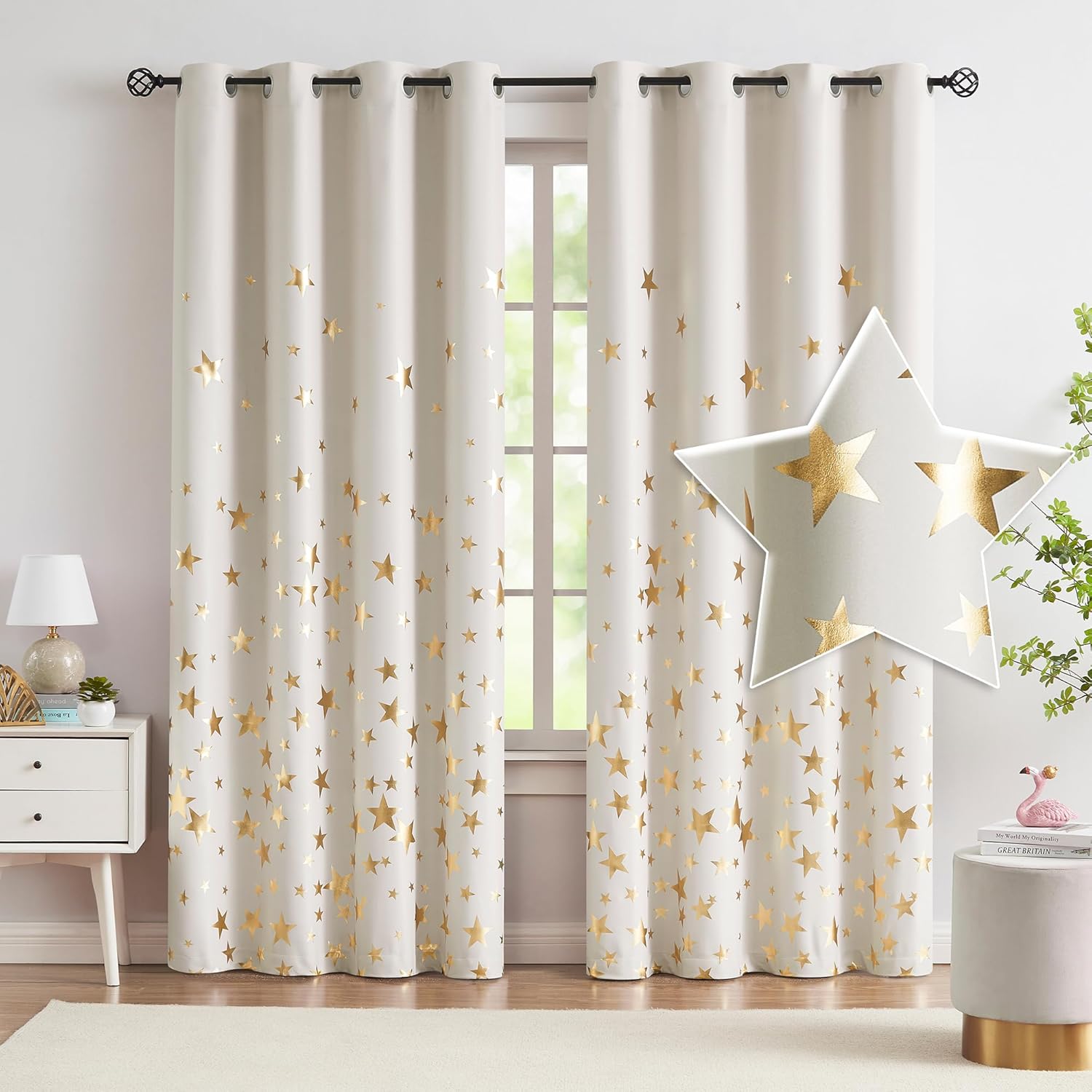 Thumbnail 1 de Treatmentex Beige Gold Star Blackout Curtains (72 inch drop) – 2 Eyelet Panels