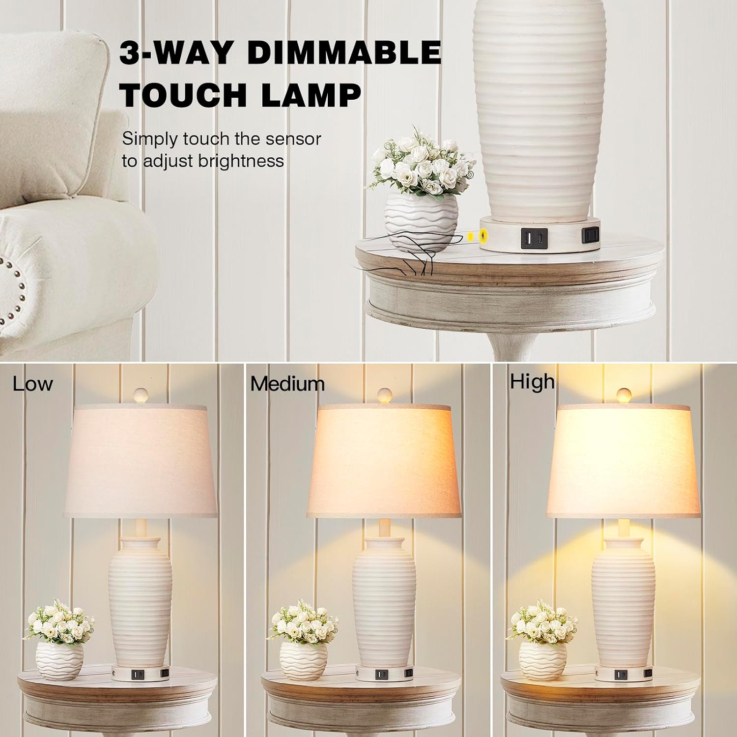 Detalle de CINSARY TD-CS-225-1 25" Farmhouse Jar Table Lamps, Set of 2 with Touch Control