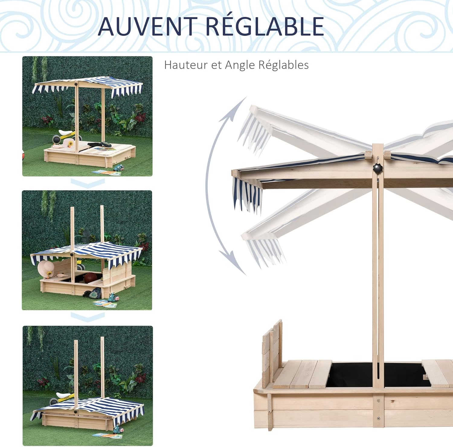 Detalle de Outsunny bac à sable carré en bois pour enfants avec bancs et couvercle, auvent réglable