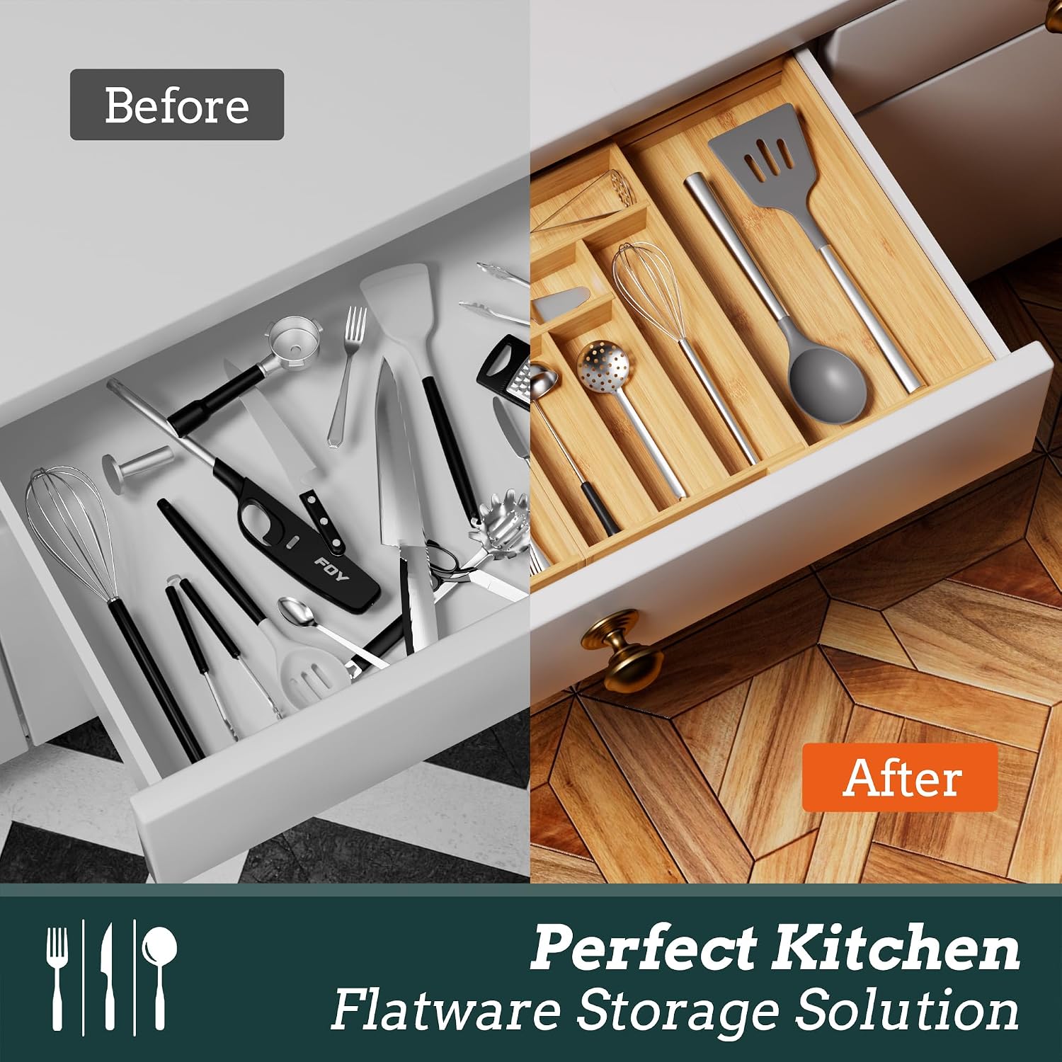 Thumbnail 6 de Silverware Organizer Large: Magnetic, Expandable Bamboo Silverware Drawer Organizer (21.3"–37.5" Wide)