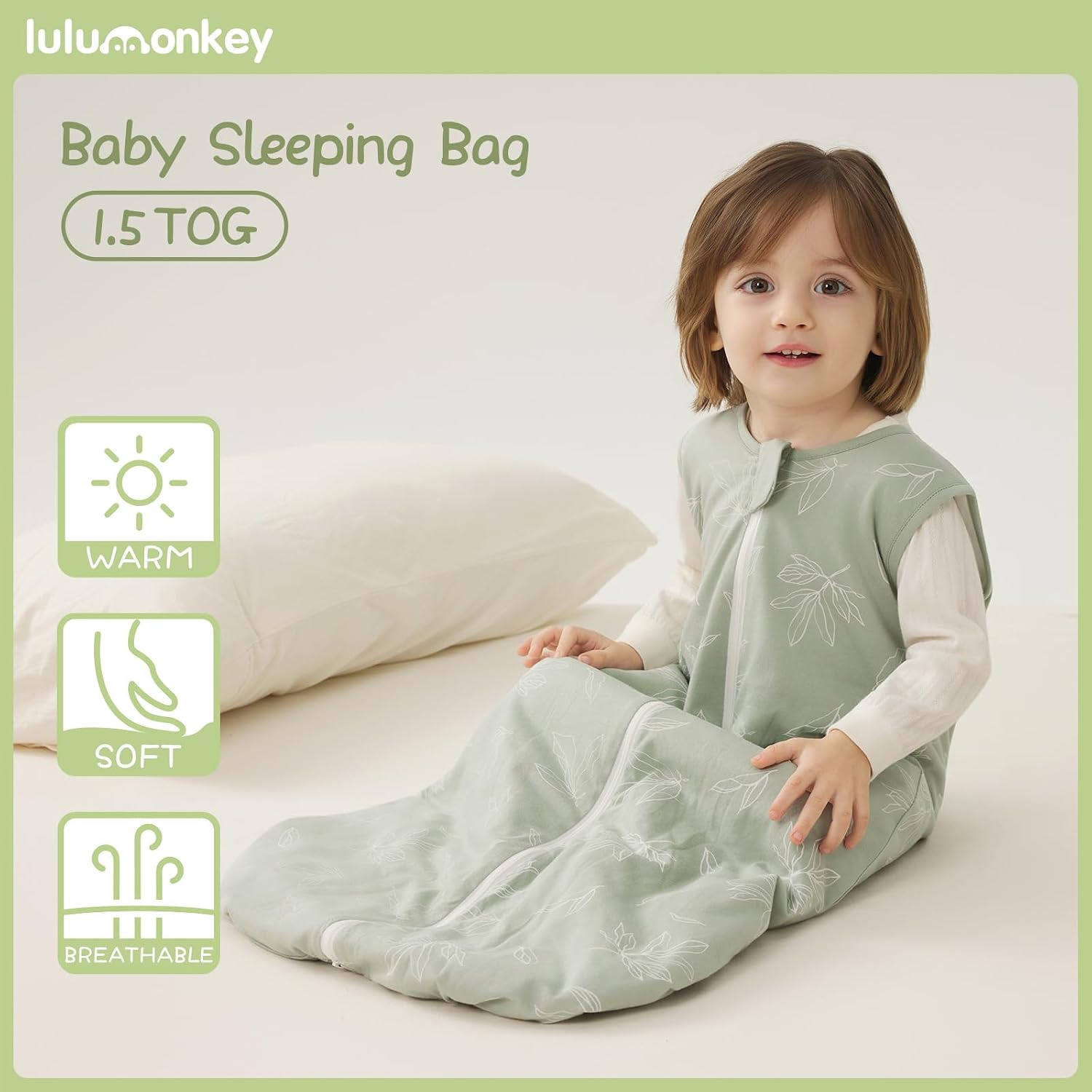 Thumbnail 1 de LULUMONKEY Baby Sleeping Bag 1.5 Tog 6-18 Months – 100% Cotton Leaves Sleep Sack