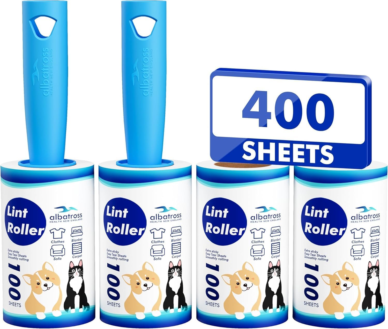Detalle de Fusselrolle für Tierhaare „Ultra Klebrig“ – 2 Griffe + 4 Rollen (400 Züge) zum Entfernen von Katzen- und Hundehaaren