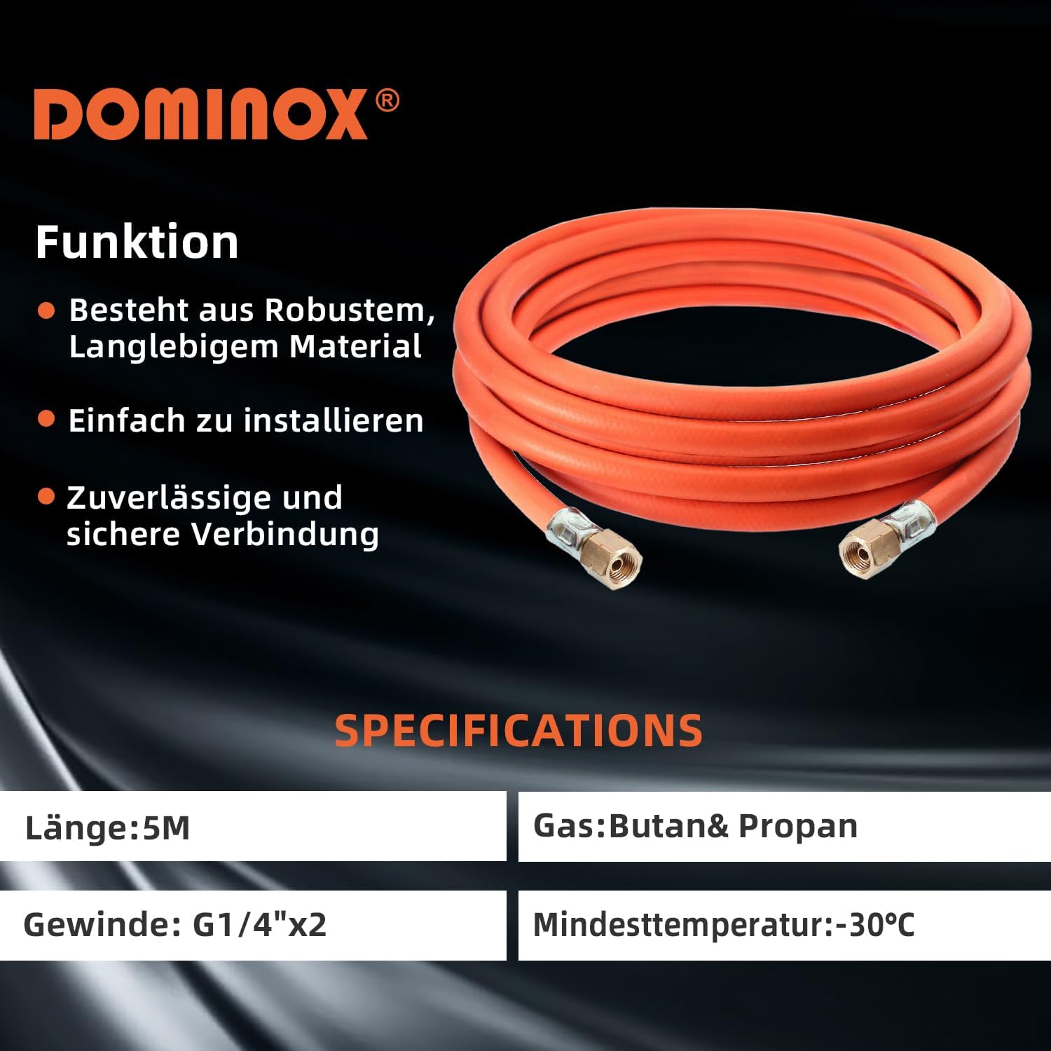 Thumbnail 5 de DOMINOX Industrial Gasschlauch 5 m (G1/4) mit Schelle – Propan/Butan, 2×1/4