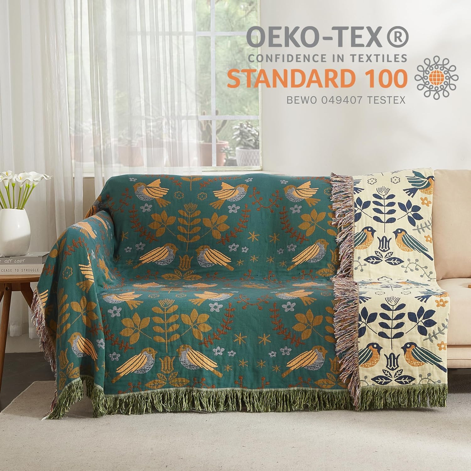 Detalle 2 de SE SOFTEXLY Boho Cotton Throw Blanket, 4-Layer Muslin, 60” x 80”