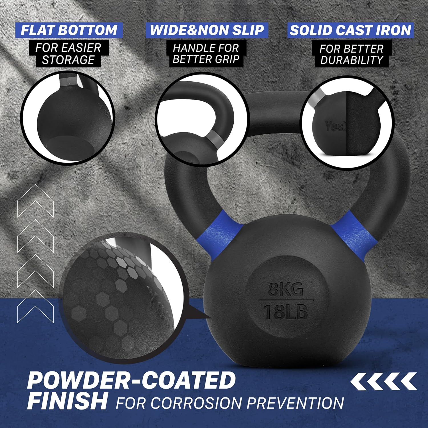 Detalle de Yes4All Kettlebell da 4–32 kg verniciata a polvere con impugnatura lunga – Kettlebell da competizione