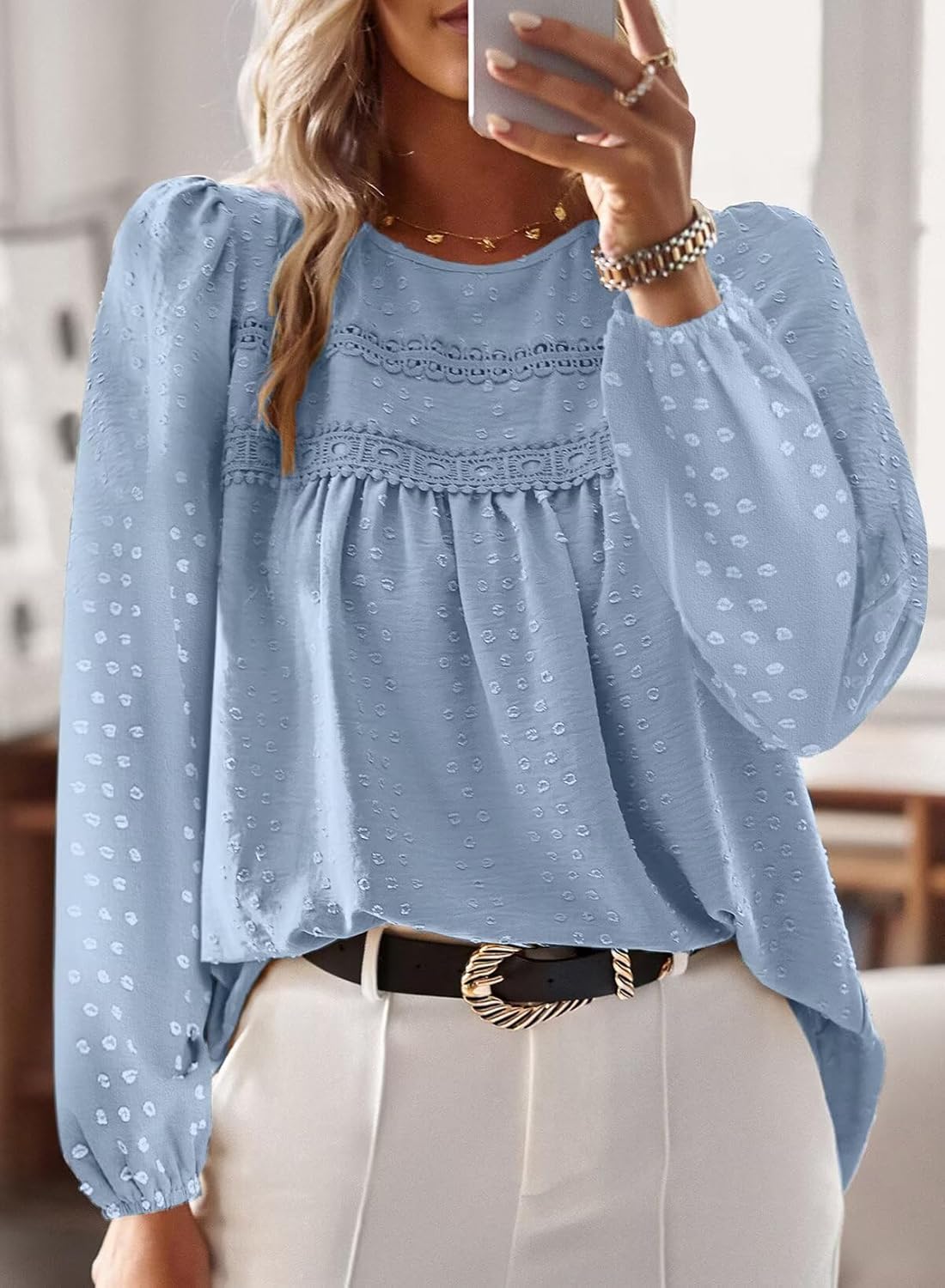 Thumbnail 3 de TUUHAW Damen Langarmshirt im Boho-Stil mit Rundhals, Häkelspitze und Pompon-Details