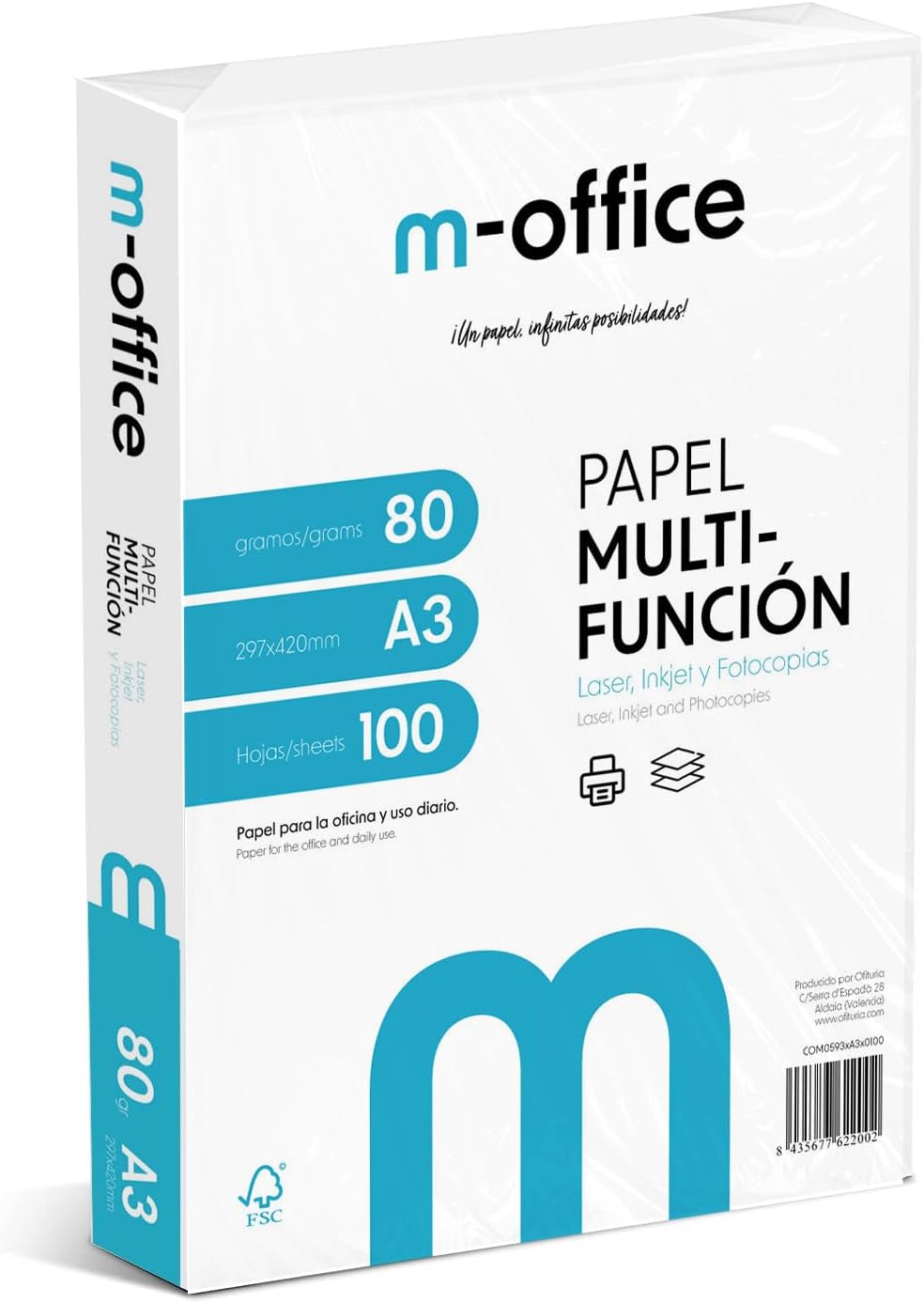 Detalle de Confezione di fogli A3 80 g – 100 fogli di carta multifunzione per stampanti inkjet e laser (A3) – m-office