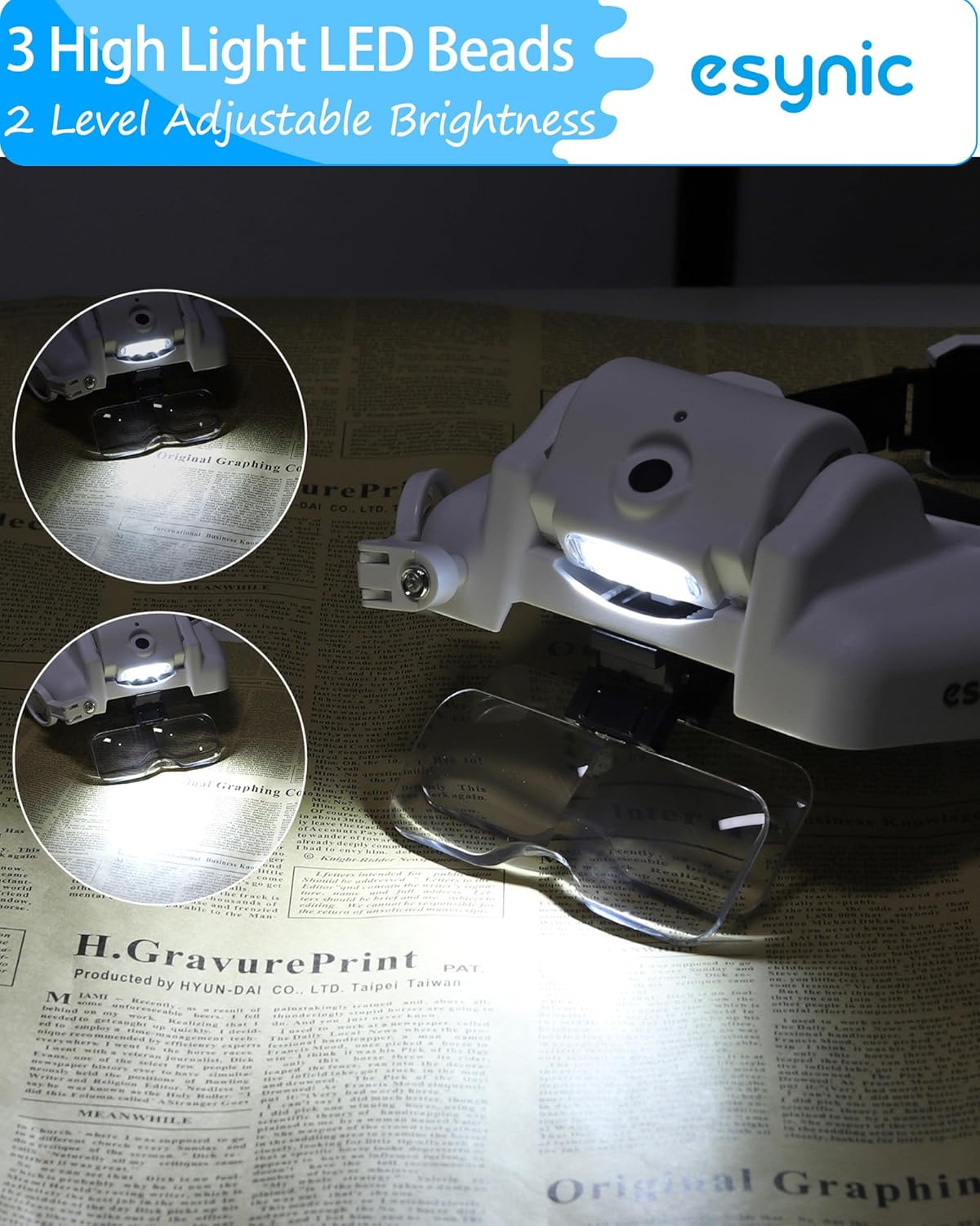 Thumbnail 3 de eSynic Head Magnifier Pro Rechargeable Headband Magnifying Glasses with Light (1X to 14X) and 5 Detachable Lenses