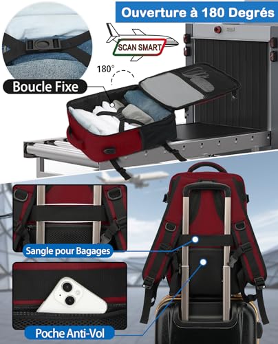 Detalle de KLOSTAIN Sac à Dos Voyage Cabine Avion 45x36x20 cm – 30 L, 14'' PC, Rouge