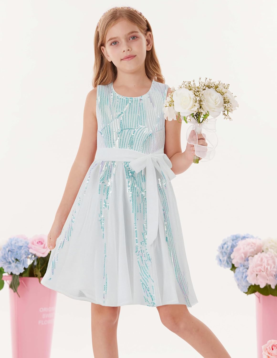 Detalle de GRACE KARIN Abito dorato per ragazze con paillettes: stile festivo in tessuto elastico e chiffon