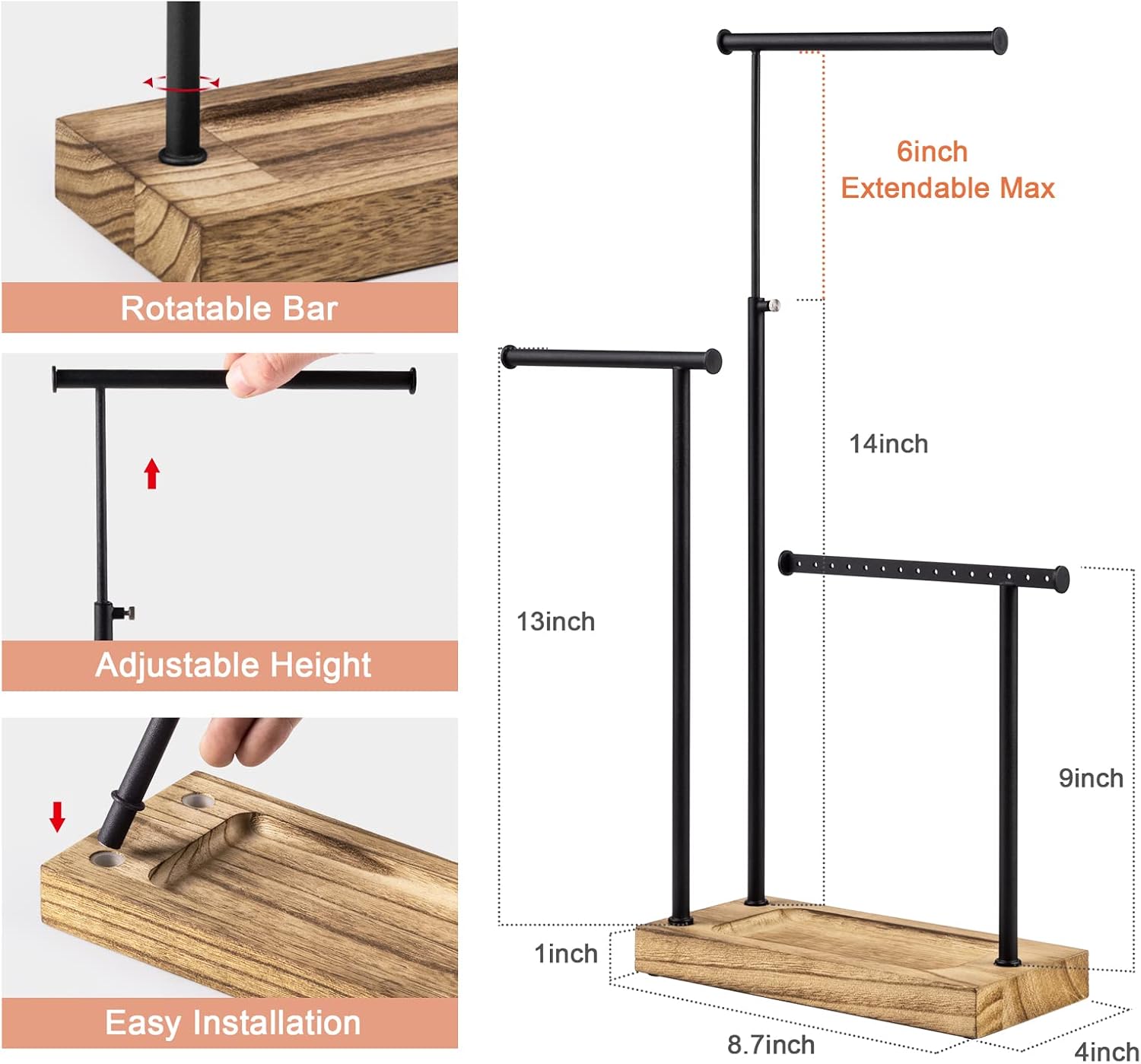 Detalle de SRIWATANA Schmuckständer Holz – Drehbarer 3‑Stäbe Kettenhalter