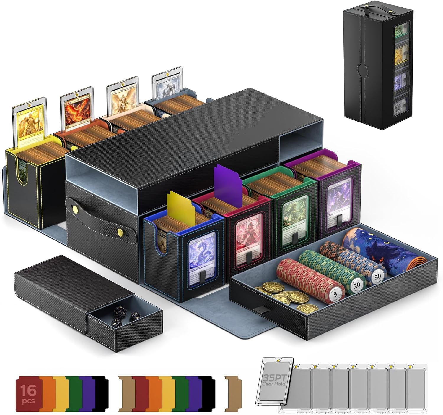 Detalle de MoKo Commander Deck Box for MTG: 8-Deck Modular Card Case with Playmat Storage & Dice Tray
