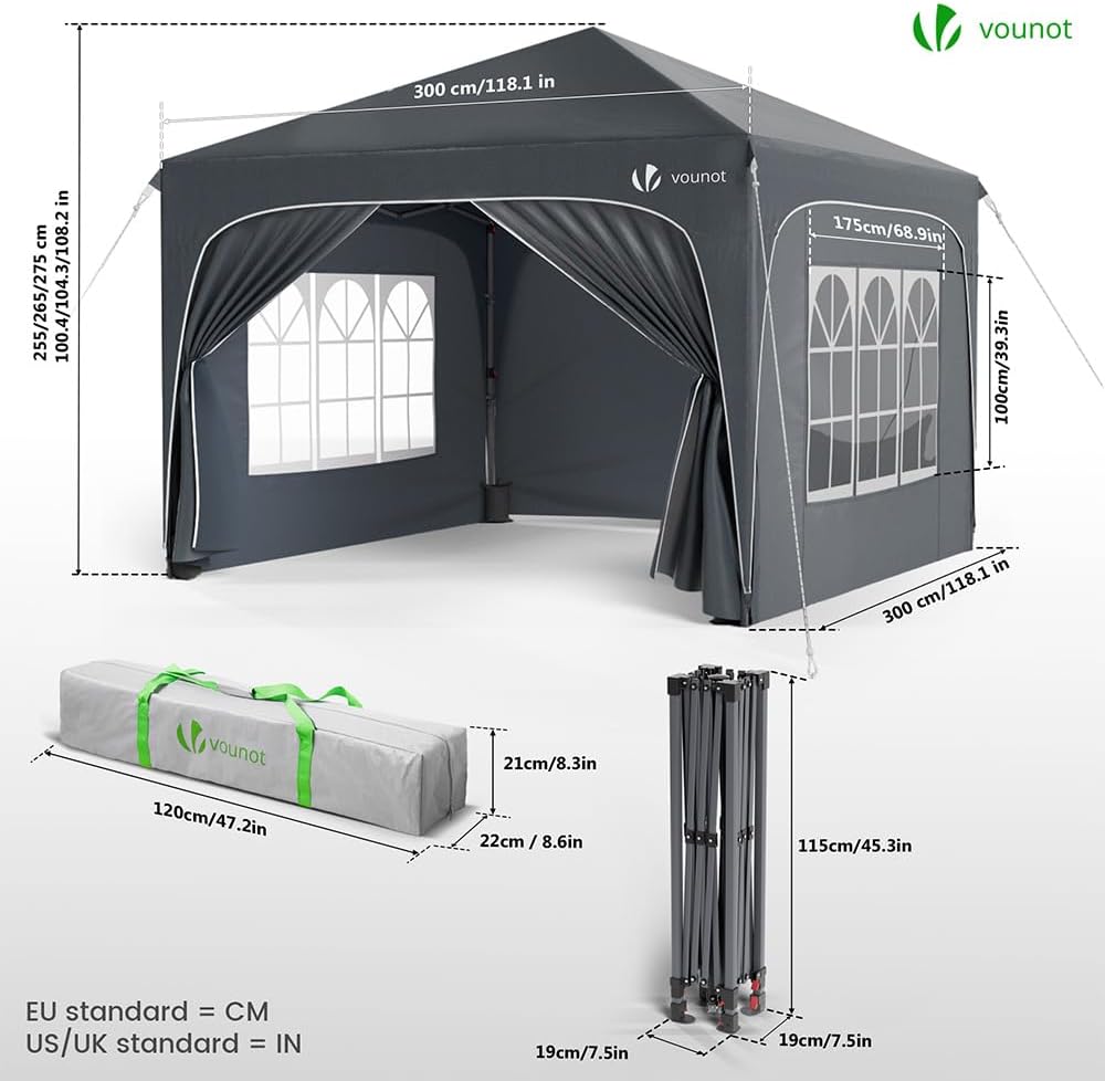 Thumbnail 6 de VOUNOT 3m x 3m Pop Up Waterproof Gazebo with Sides, Weight Bags and Carry Bag – Grey
