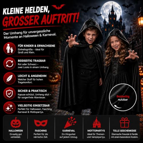 Thumbnail 6 de Costumed capa negra con capucha para disfraces de vampiro y Drácula