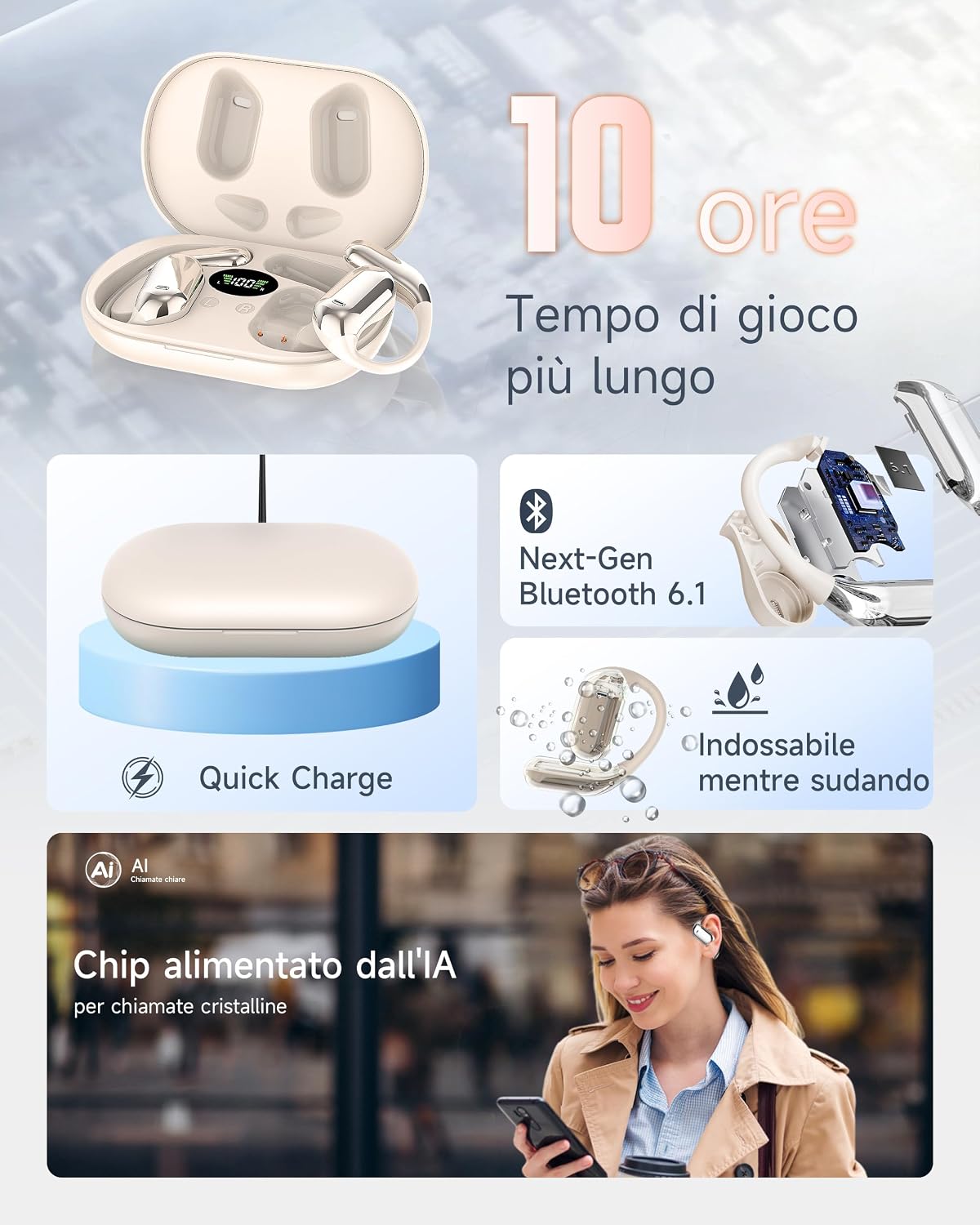 Detalle de Cuffie Bluetooth Auricolari 5.4 Open Ear Sport: comfort e autonomia fino a 50 ore