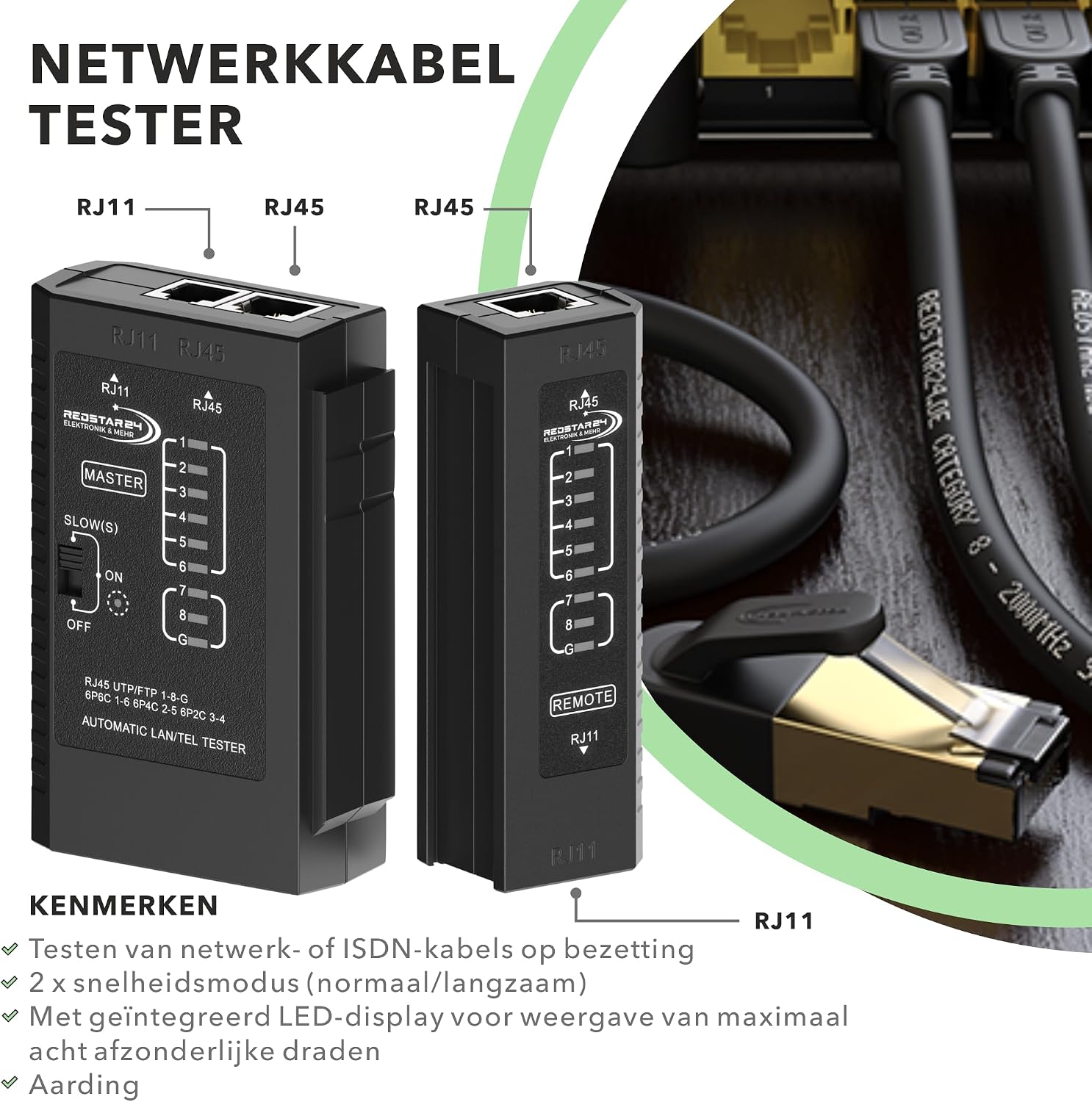 Detalle de RedStar24 RS-Netzwerktester LAN-kabeltester voor RJ11, RJ12 en RJ45 met ledcontrole