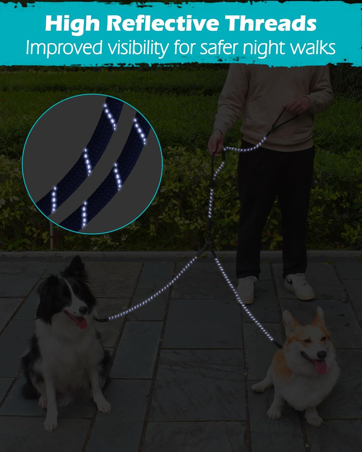 Thumbnail 5 de PetBonus Rope Double Dog Lead (No Tangle Dual Lead) with 360° Swivel Clips, Reflective Walking Training Leash, Blue