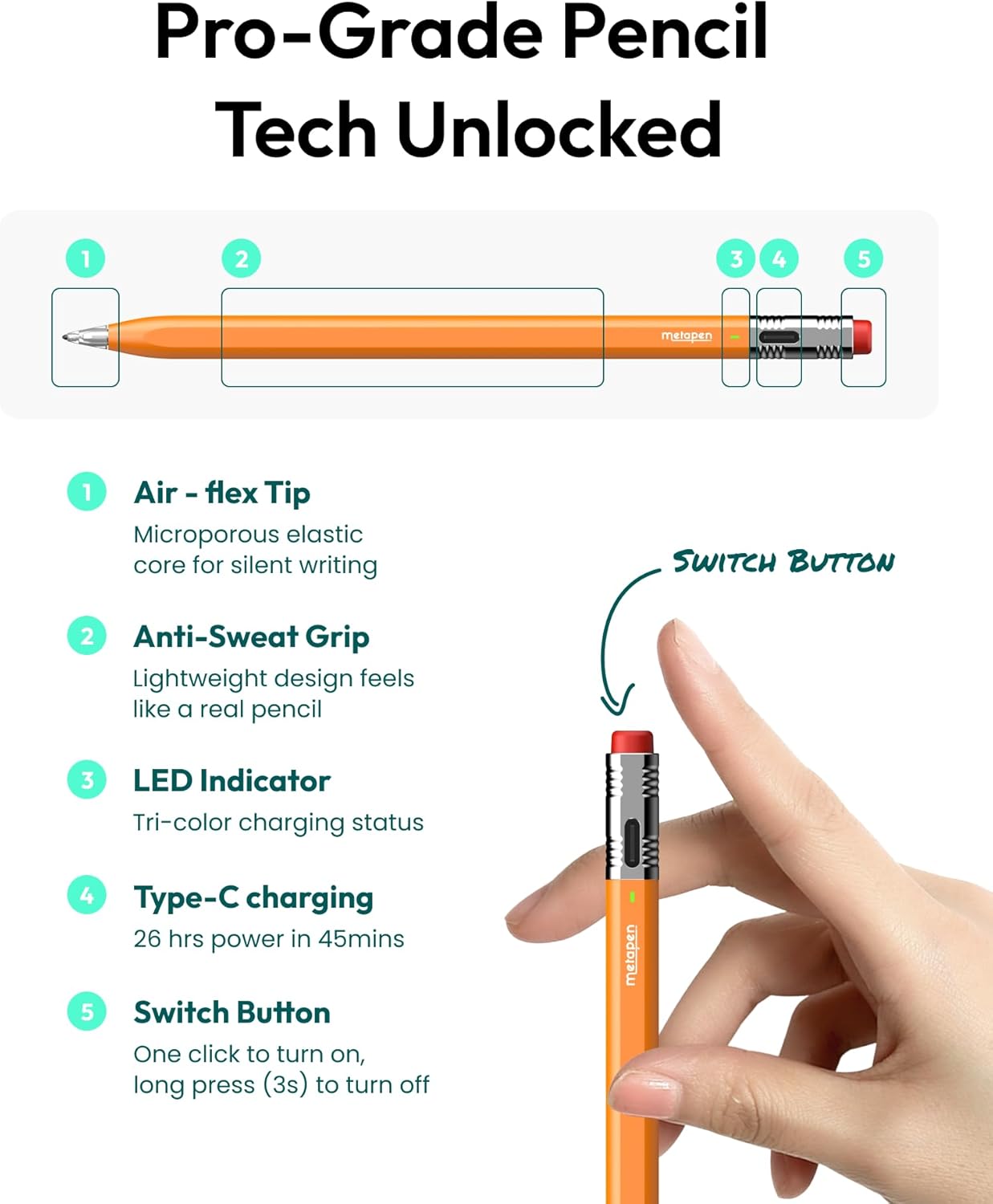 Thumbnail 5 de Metapen Air 8 Pro X Pencil for iPad (2018–2026) — Ultra-Quiet, Palm Rejection Stylus Pen