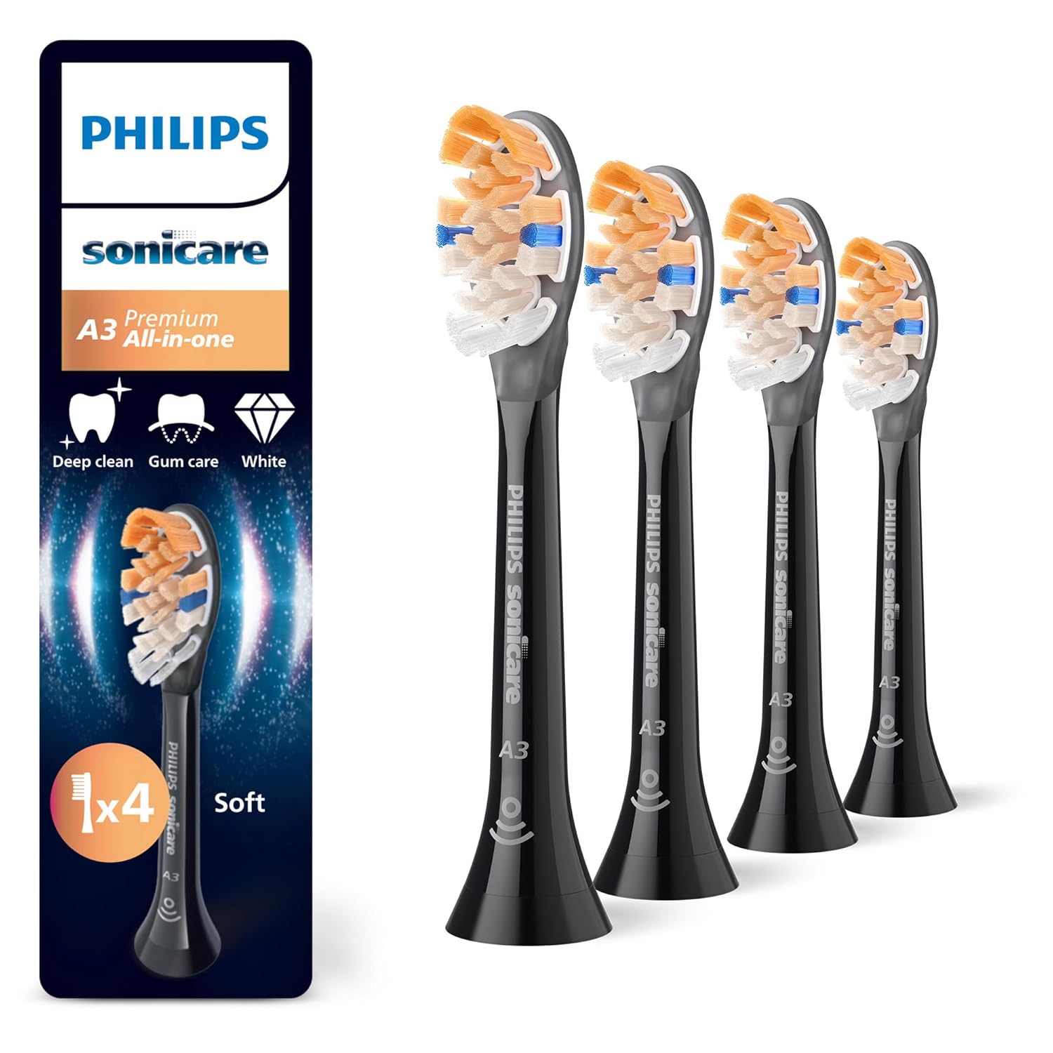 Detalle de Philips Sonicare A3 Premium All-in-One Ersatzbürstenköpfe – 4er-Pack HX9094/88, Schwarz