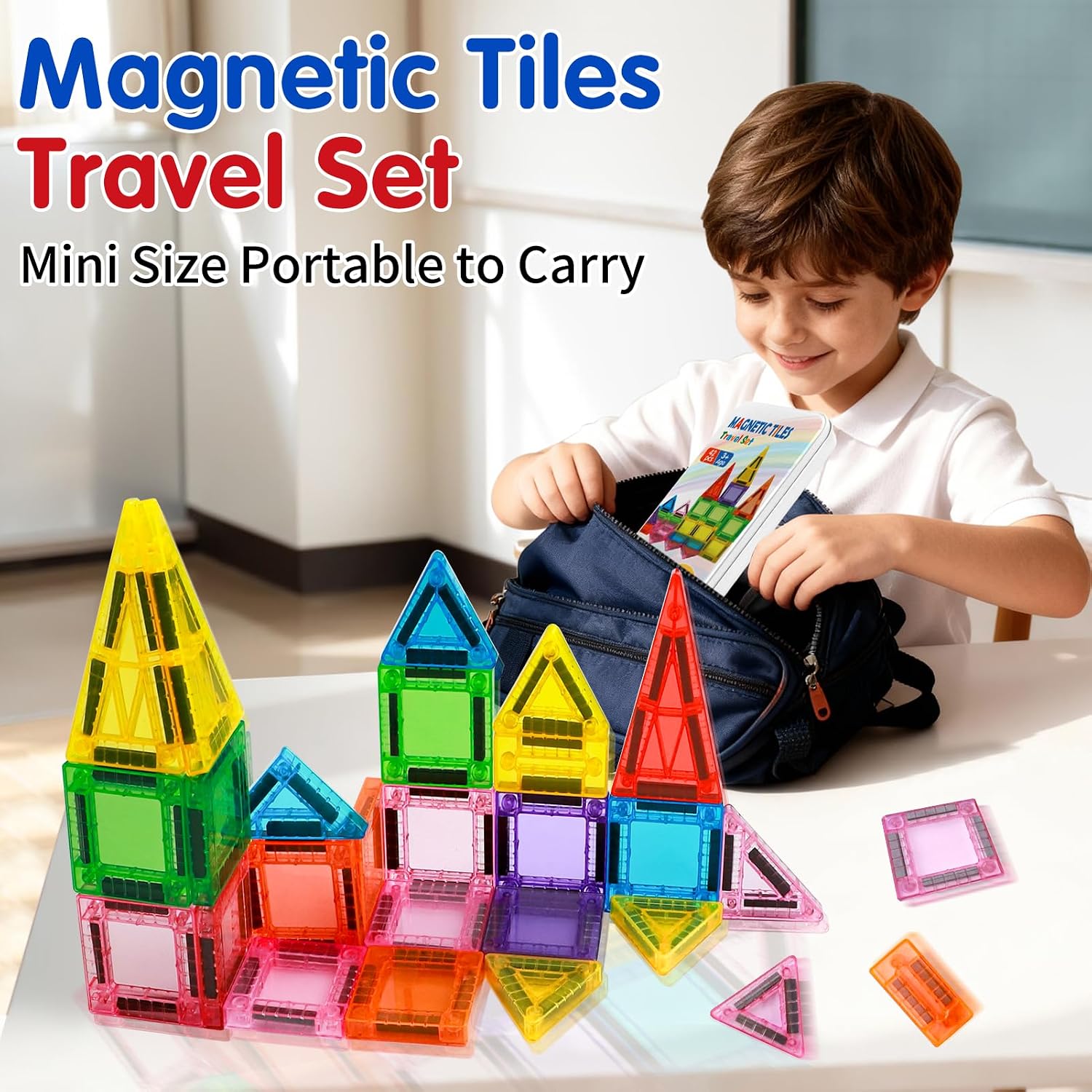 Detalle 2 de Mini Magnetic Tiles Travel Set 42PCS: Compact, Educational Magnetic Building Blocks for 3+ Kids