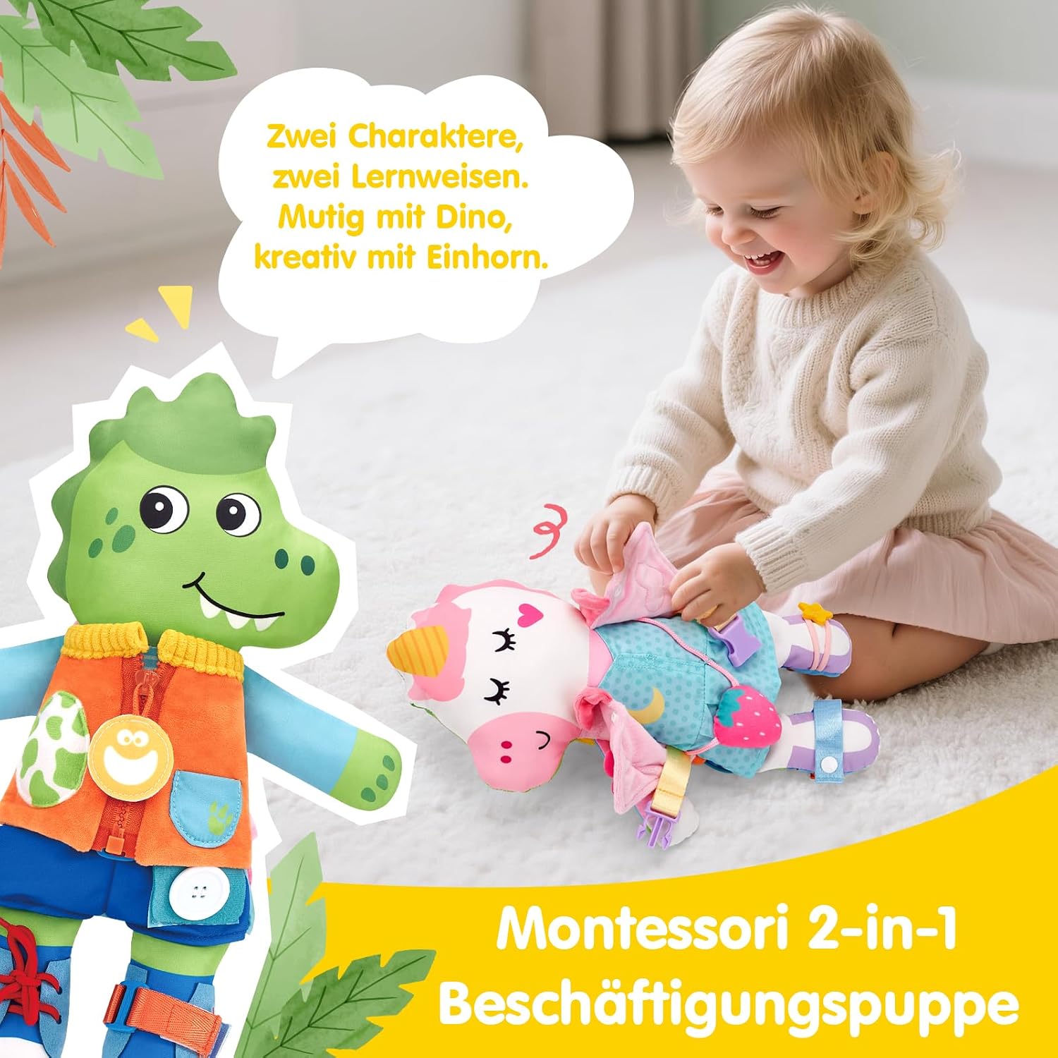Detalle 2 de hahaland Montessori Doppelpuppe Dino-Einhorn mit 15 Alltagsfähigkeiten (ab 1 Jahr)