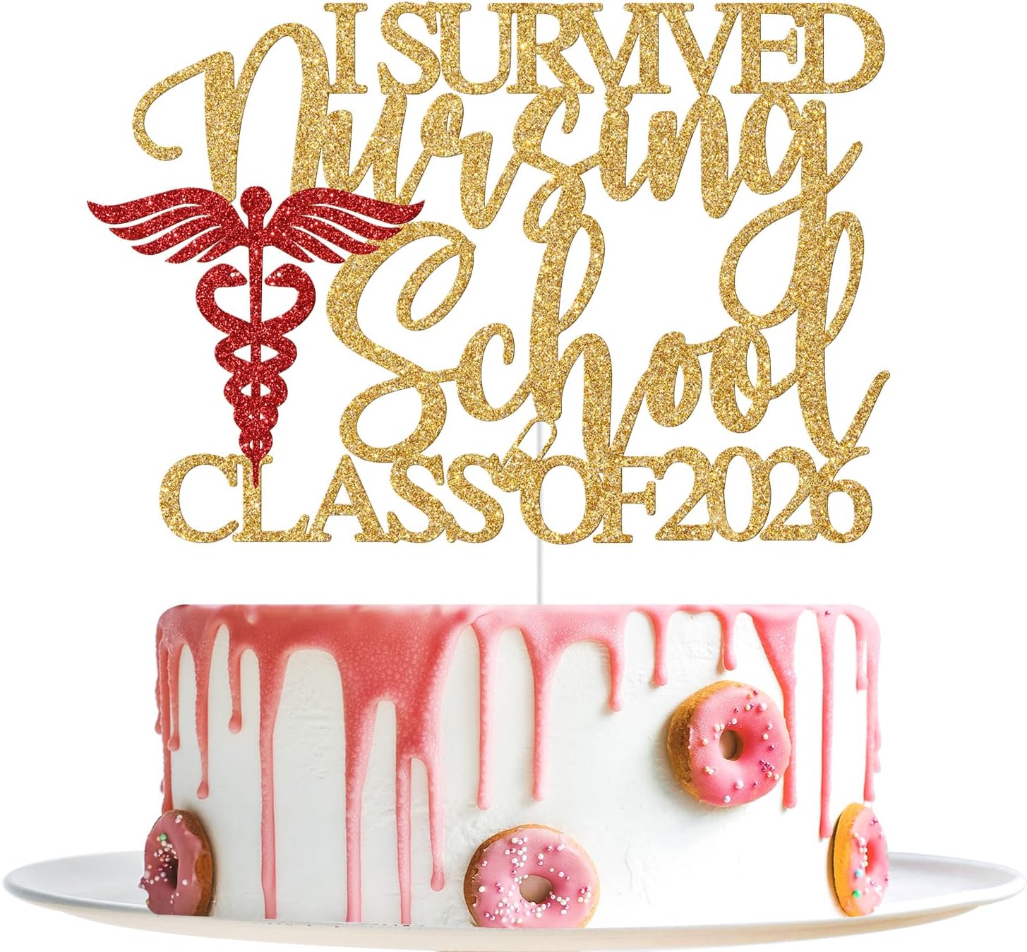 Detalle de Yotawebery I Survived Nursing School Cake Topper, Class of 2026, Gold and Red Glitter