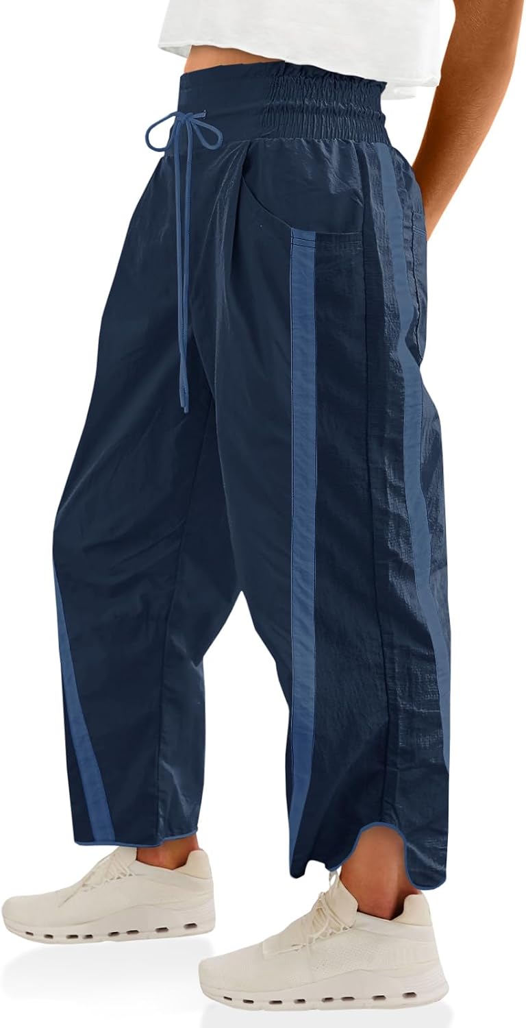 Detalle de Fisoew Women's Baggy Wide Leg Pants – Casual Drawstring Elastic Waist, Contrast Color Track Pants