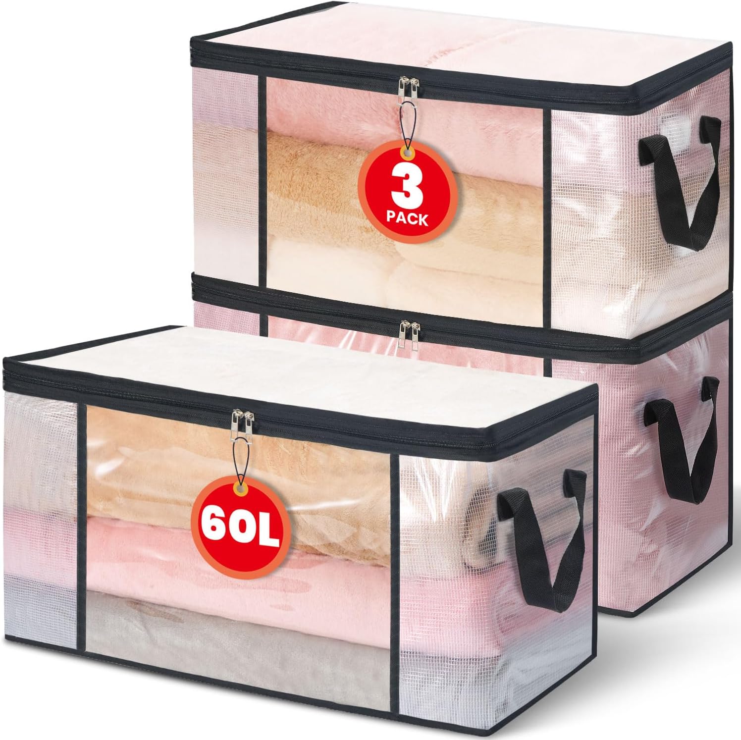 NEWSONA Lot de 3 Sacs de Rangement Vetement Transparente 60L – Organisateur Pliable avec Fermeture Éclair et Poignées