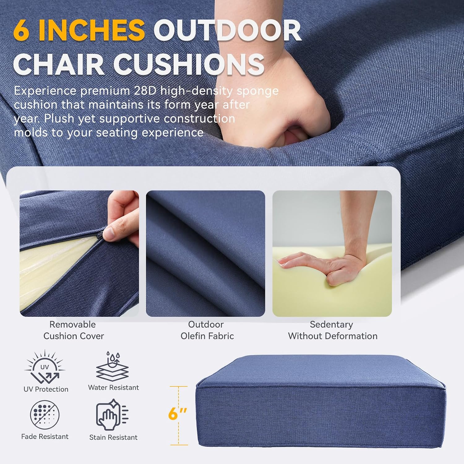 Detalle de Jelwaly PLA-ZBDJH006-1-1 Outdoor Chair Cushions, 6-Inch, Blue