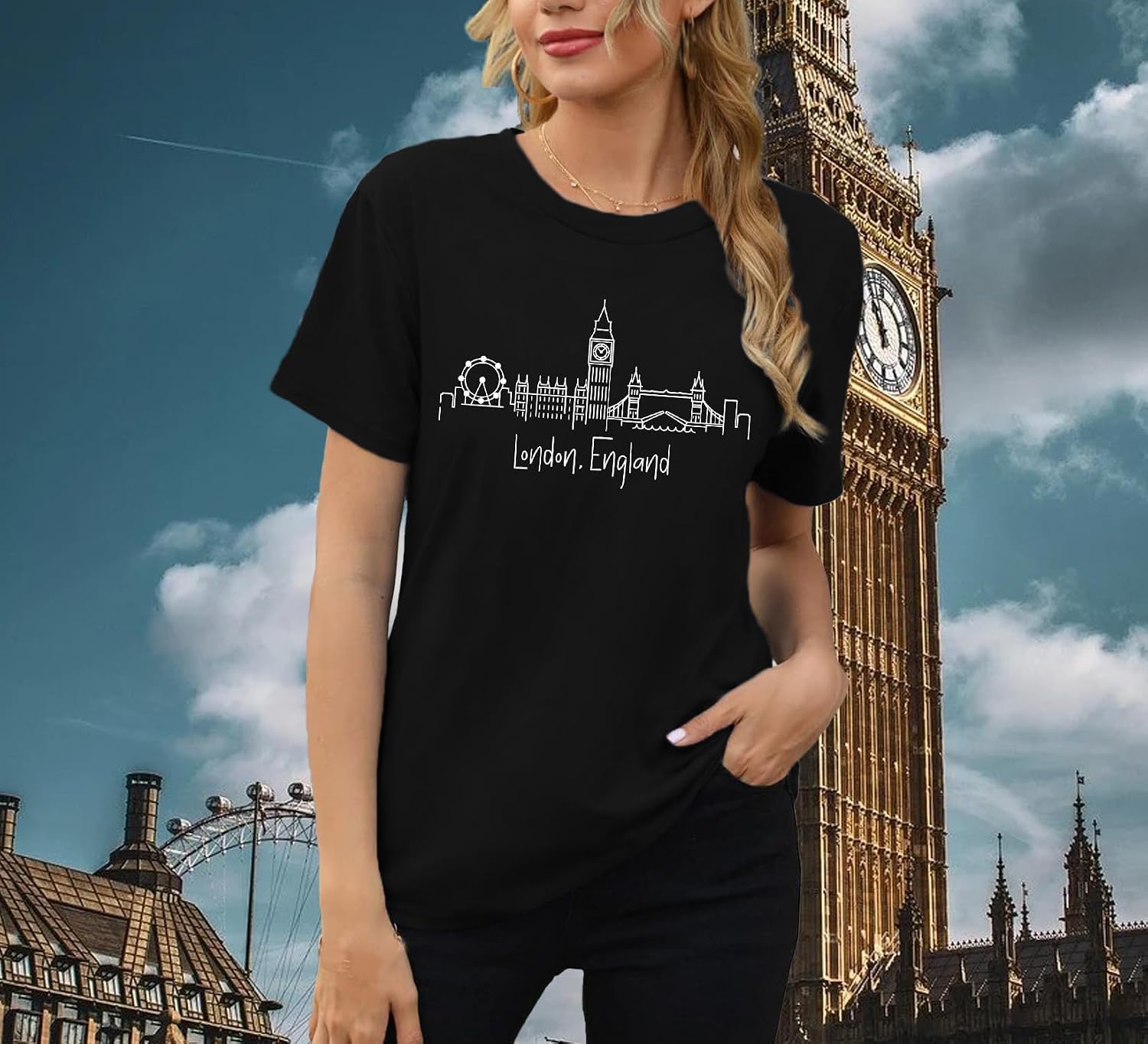 Detalle de Qskall women’s London England T-shirts with London skyline print (crew neck casual tee)
