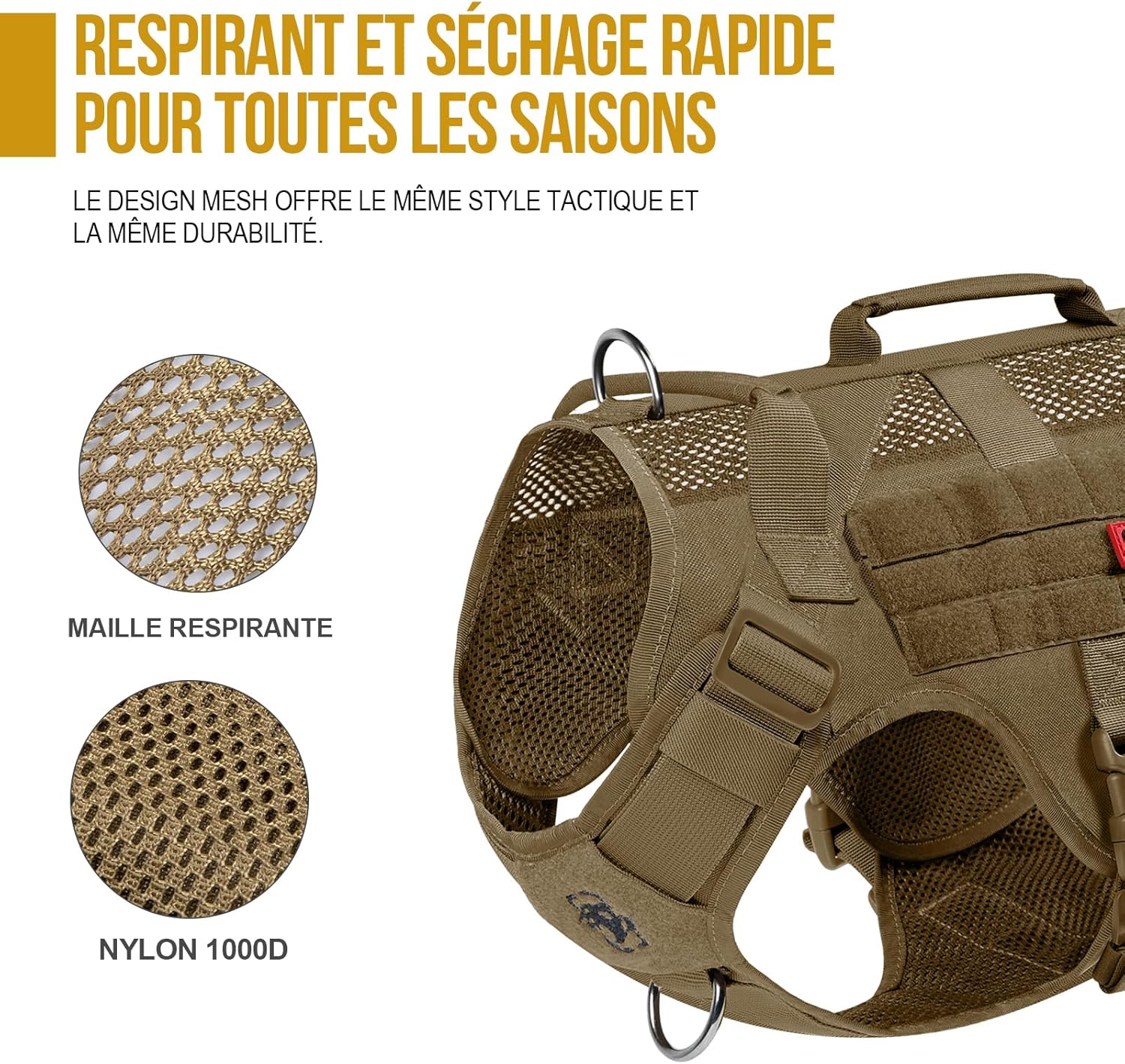 Detalle de OneTigris Harnais de sécurité réglable pour chiens de grande et moyenne taille – Maille Aire, 2 poignées, accès MOLLE