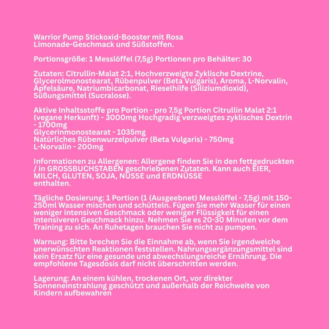 Thumbnail 2 de Warrior Pump Pre-Workout Pulver 225 g (Rosa Limonade) – koffeinfrei & ohne Stimulanzien
