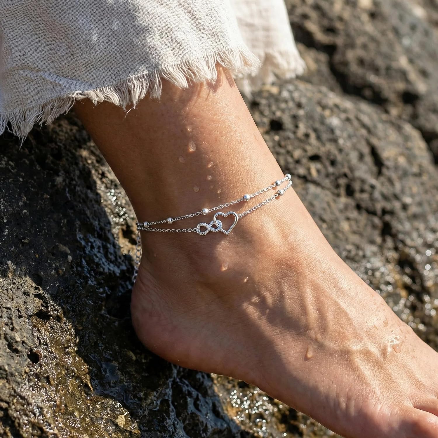 Detalle de Jbniuay Fußkettchen für Damen 925 Sterling Silber – Infinity Herz, verstellbar 23+5 cm