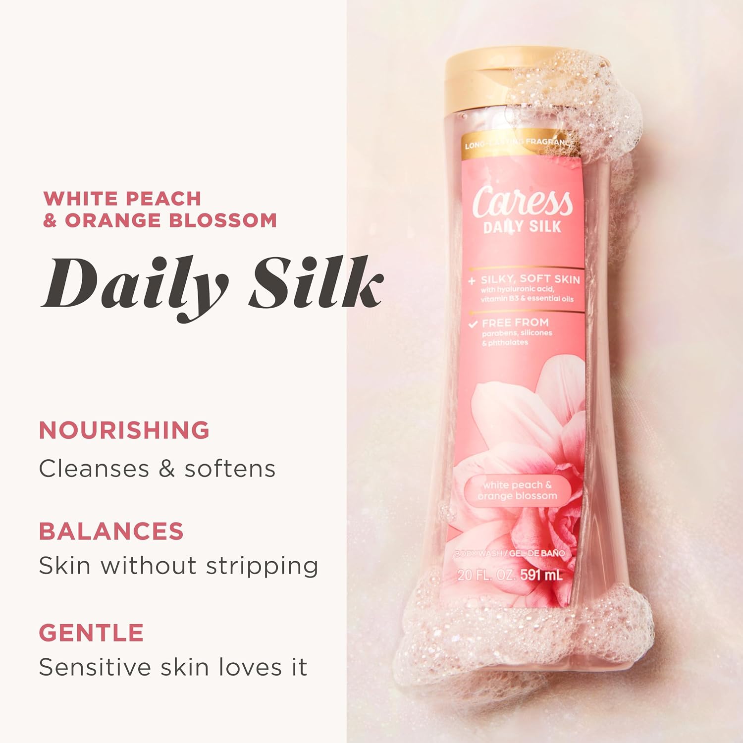 Detalle 2 de Caress Daily Silk Body Wash, White Peach & Orange Blossom, 20 fl oz, 4 Pack