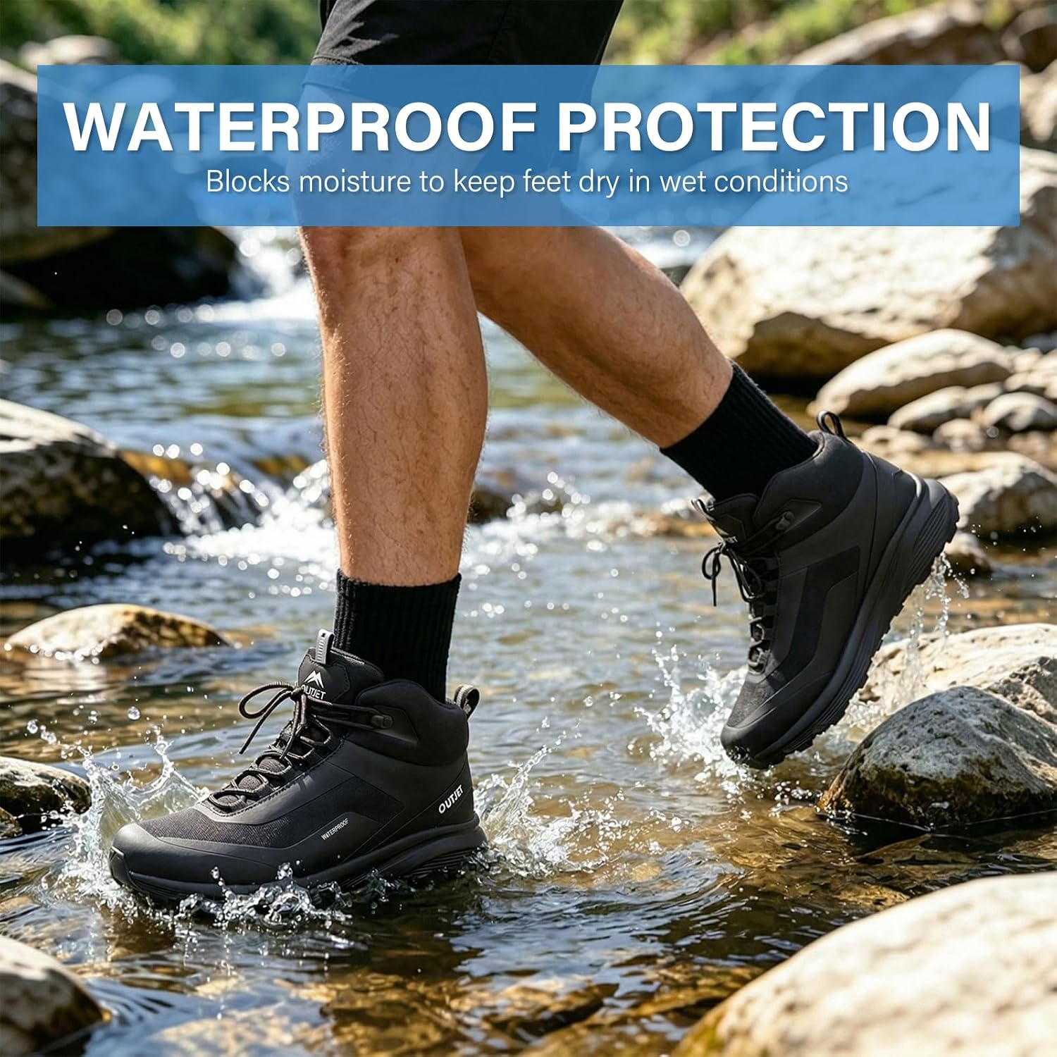 Detalle 2 de OUTJET Men’s Waterproof Hiking Boots (Brown) – Lightweight, breathable outdoor walking treks