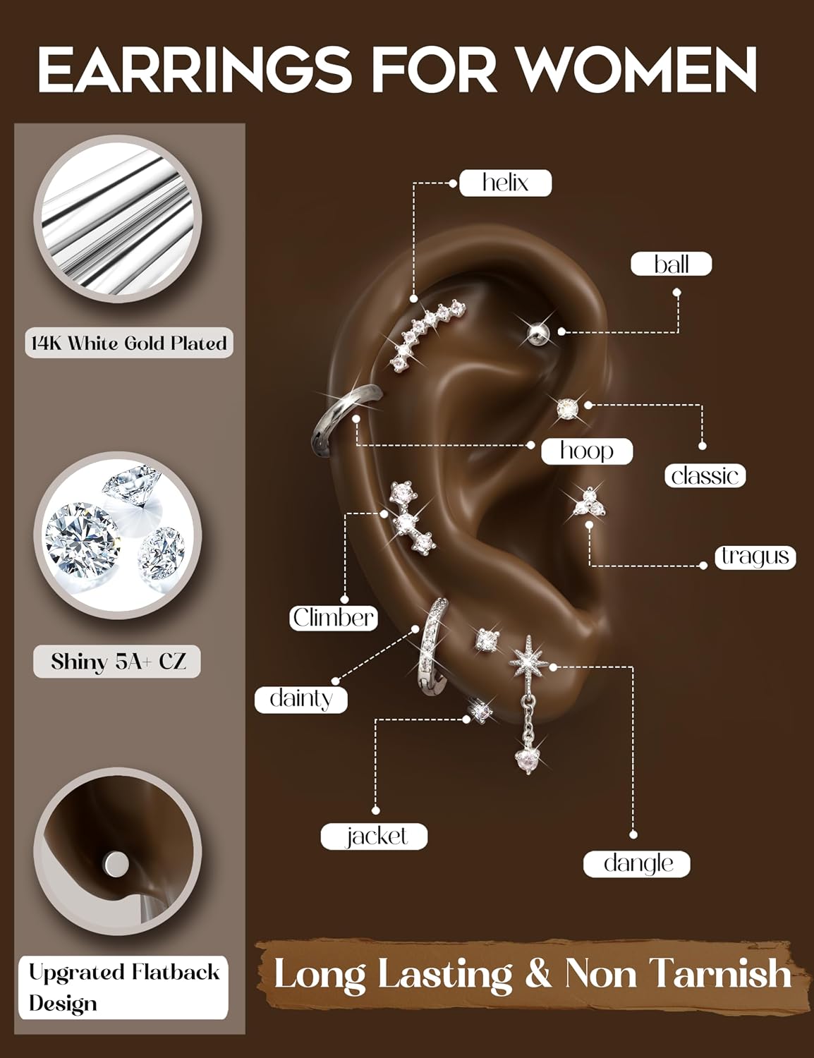 Thumbnail 2 de Roheafer 12-tlg. Helix-Piercing Set aus 316L-Chirurgenstahl mit Flatback, Huggie-Hoops & verstellbarem Jacket (Gold/Silber)