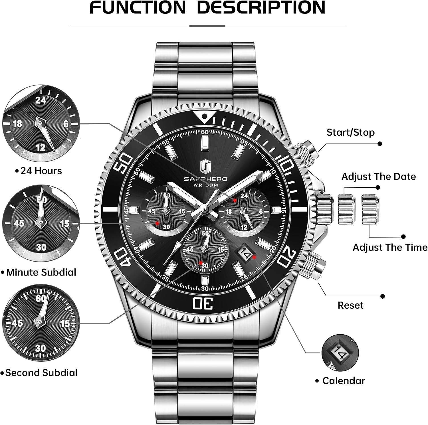 Thumbnail 6 de SAPPHERO Herrenuhr Chronograph Analog Quarz – Edelstahl, 50 m Wasserfest, Kalender, 42 mm