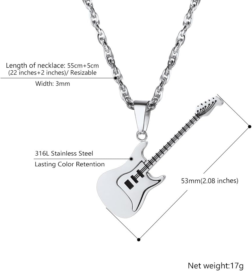 Detalle de PROSTEEL Collana con ciondolo chitarra elettrica da uomo, catena regolabile in acciaio inox placcato oro 18K e incisione personalizzabile