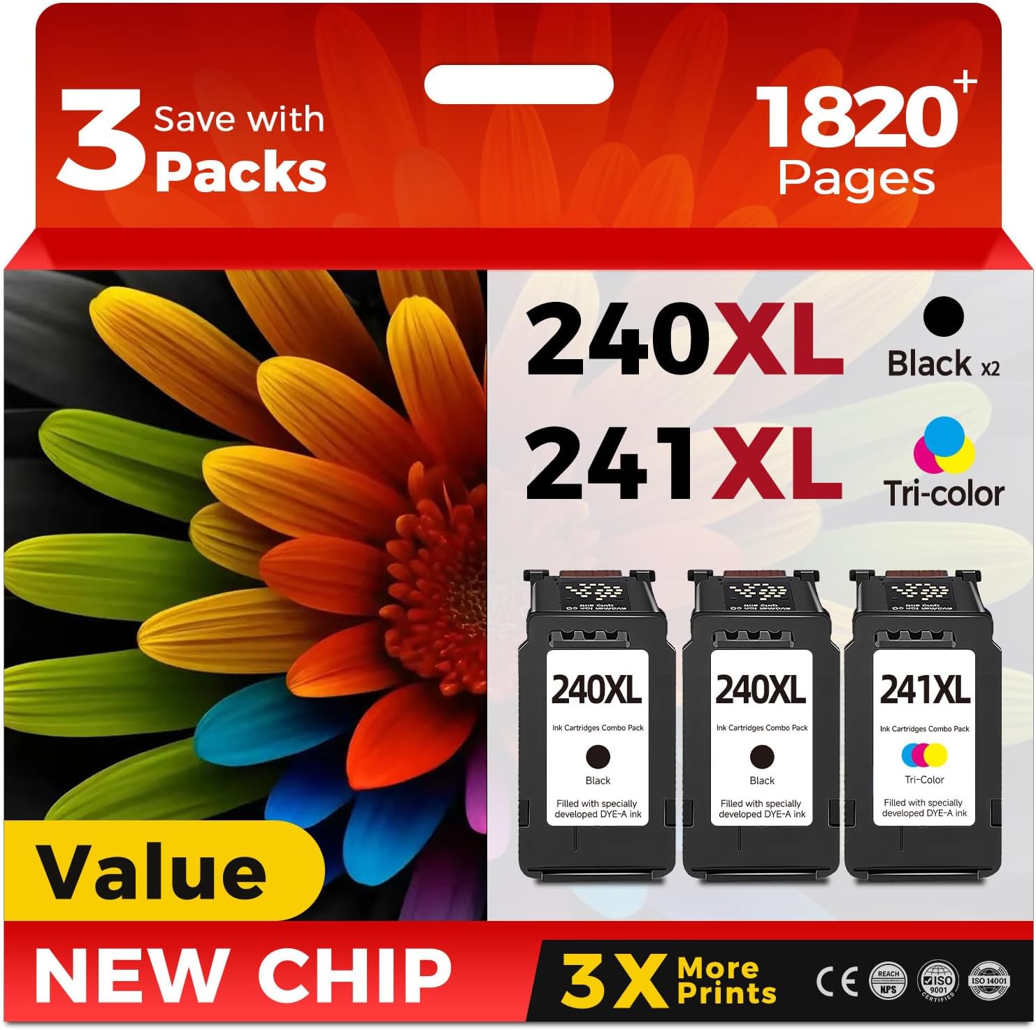 Imagen de PG-240 / CL-241 XL Combo Ink Cartridge (3-Pack) Compatible Replacement for Canon PIXMA MG/TS/MX Printers en OfertitasTOP