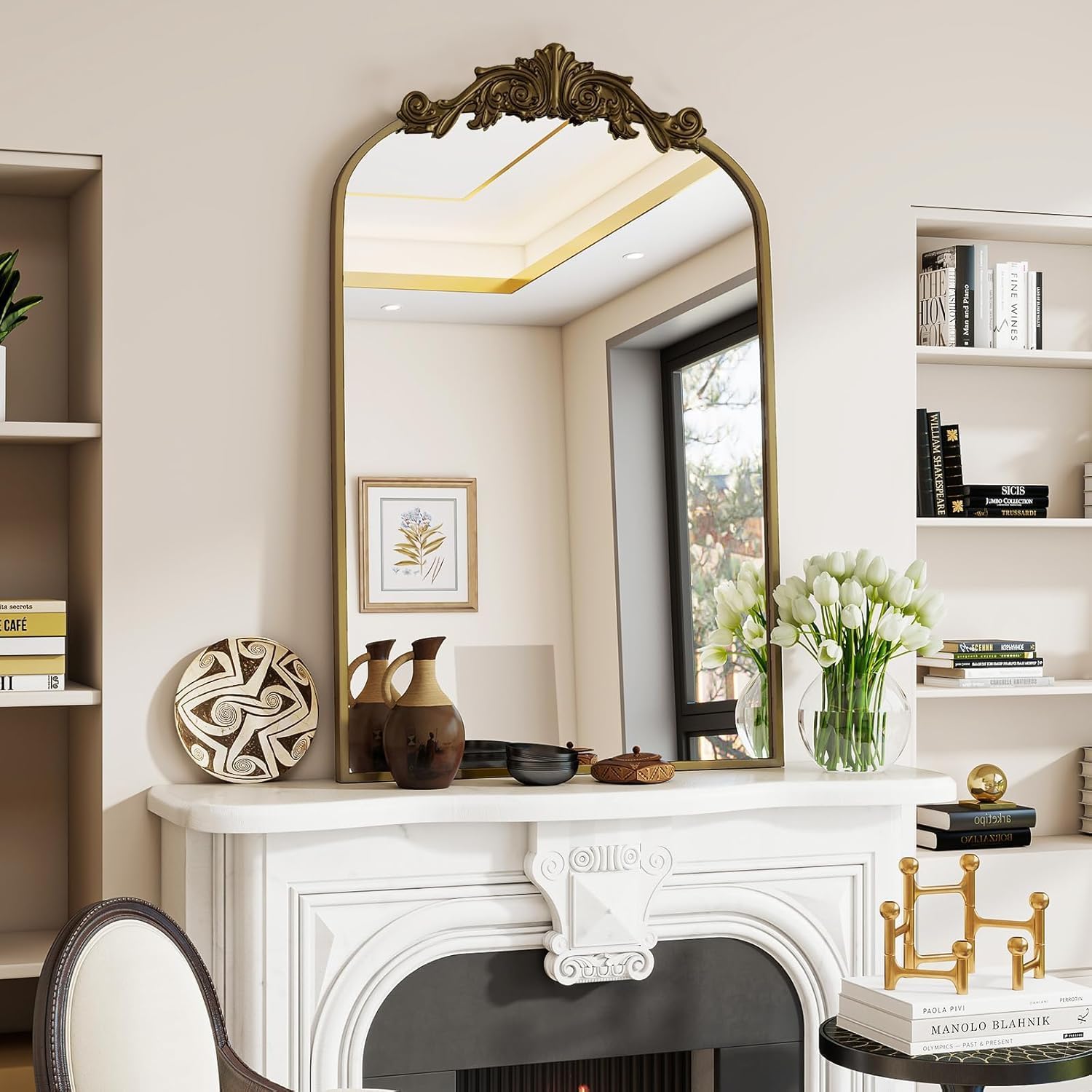 Thumbnail 3 de Dewfig Antique Arched Wall Mirror (22" x 30") with Vintage Bronze Baroque Frame