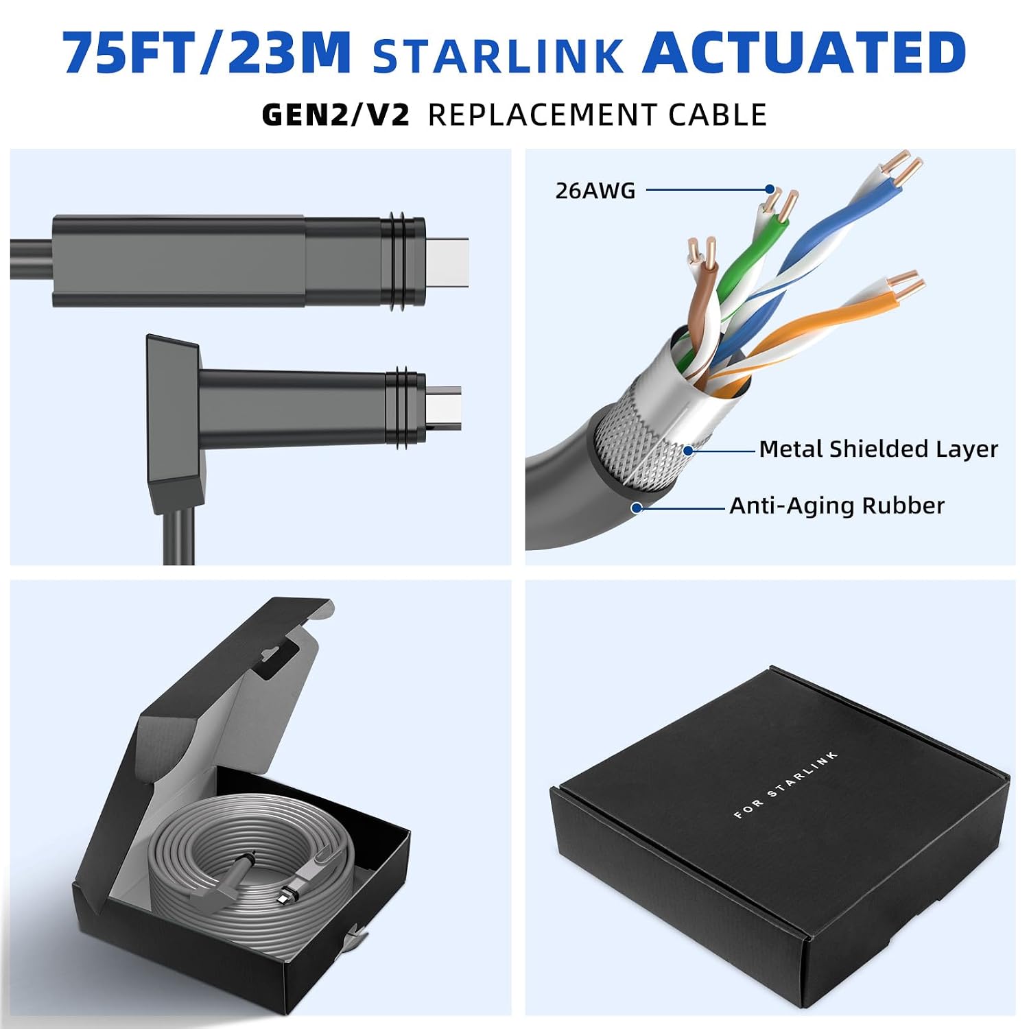 Detalle de DuHeSin for Starlink Cable Gen 2 (75FT / 23M) – Waterproof extension for Starlink Rectangular Satellite V2