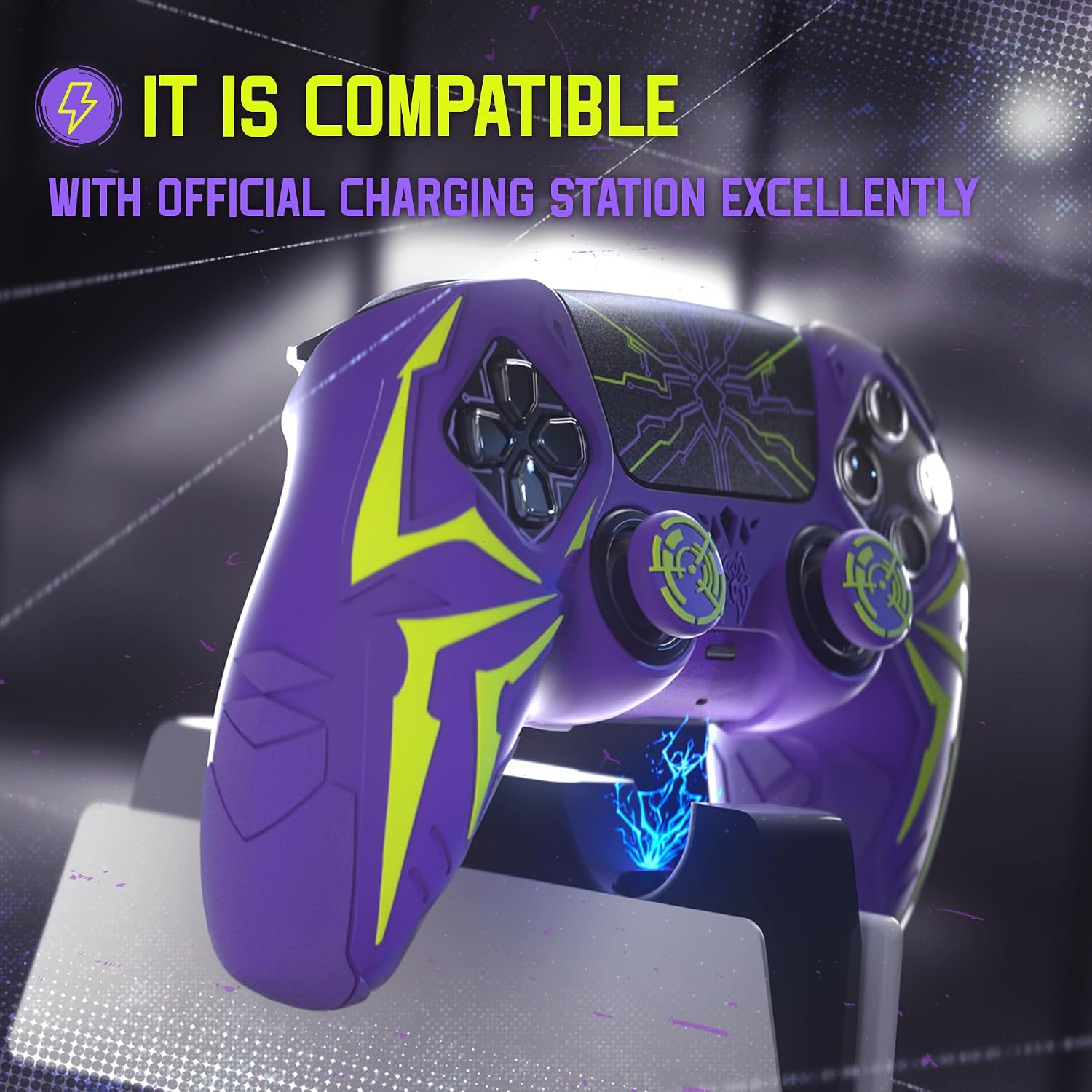 Detalle de PlayVital Design Silicone Case for PS5 Controller – Cyber Spider (Purple & Green)