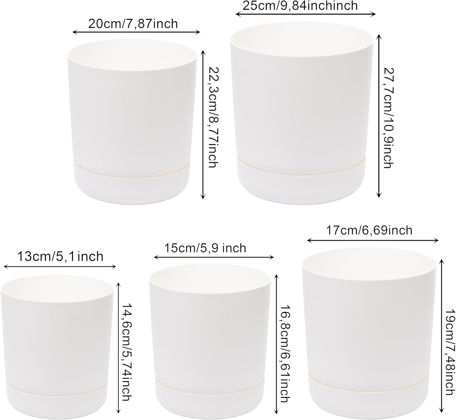 Thumbnail 2 de Home Garden Ornaments Plant Pots Indoor, Plastic Outdoor Planter with Drainage & Saucer (13 cm / 5.1 inch) – White
