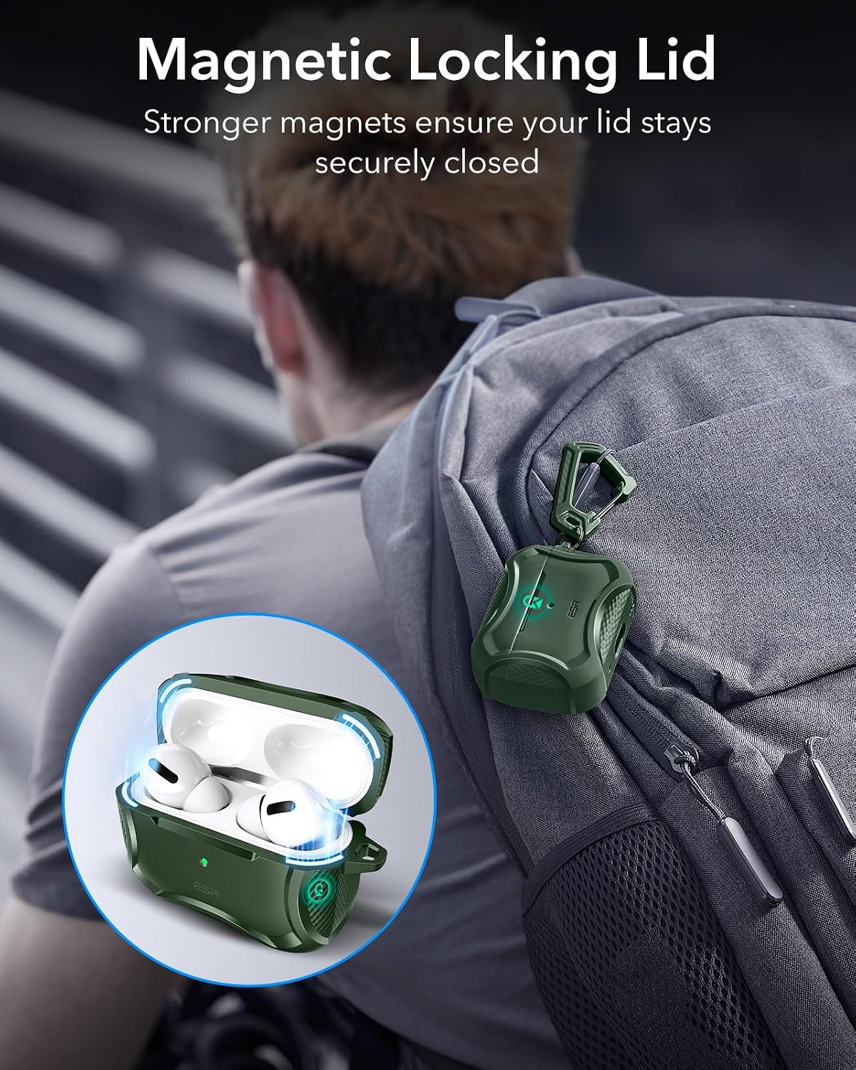 Detalle 2 de ESR for AirPods Pro case (MagSafe) with magnetic lid and drop protection – Green