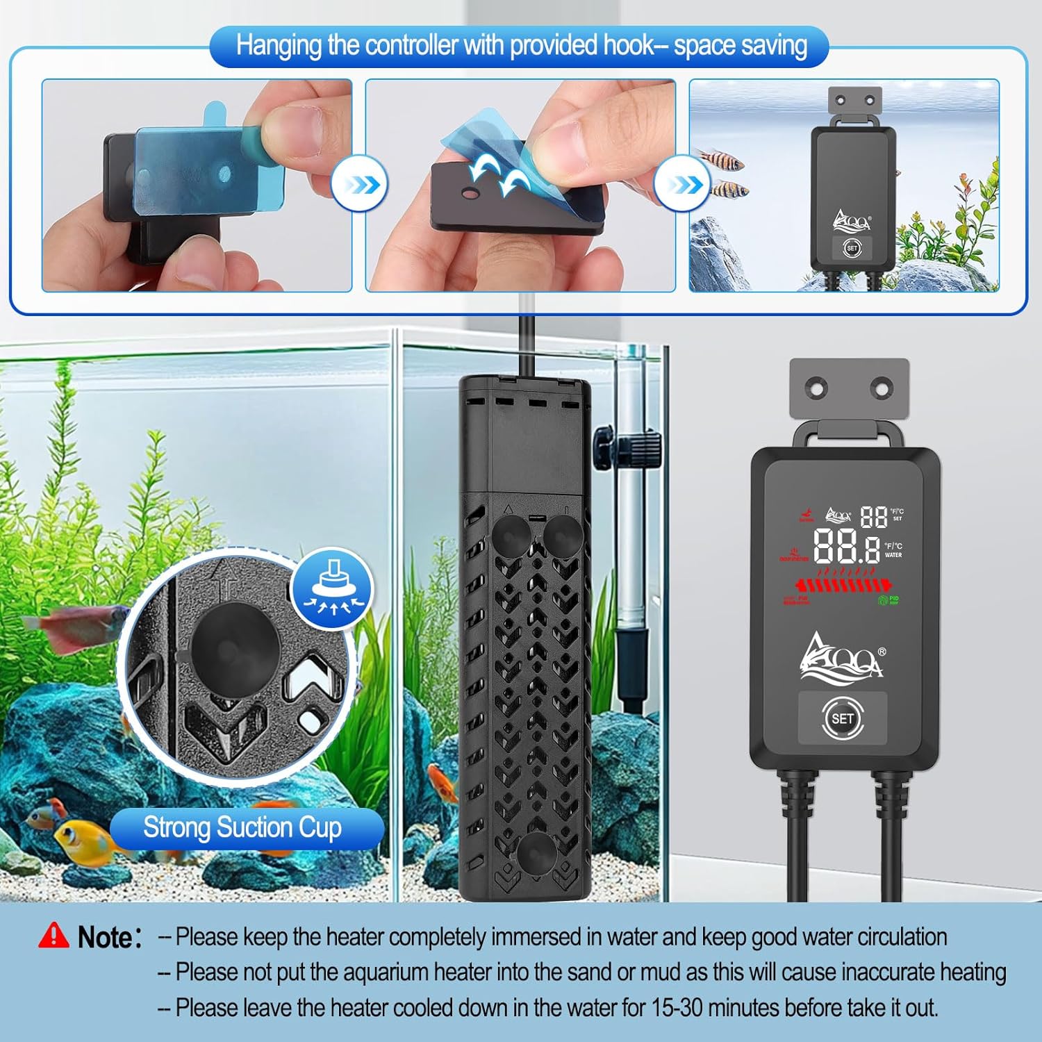 Detalle de AQQA 800W Submersible Aquarium Heater with LED Thermostat Controller