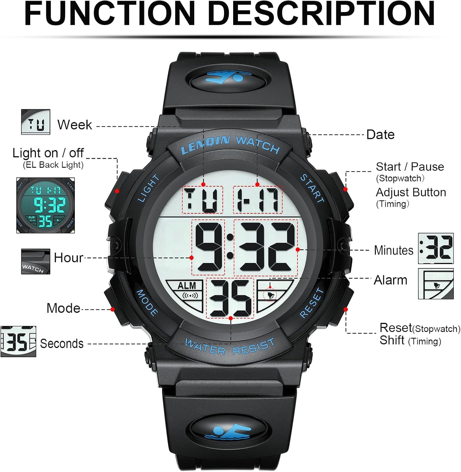Detalle de LN LENQIN Orologio Uomo Digitali Sportivo Impermeabile: pratico, resistente e versatile
