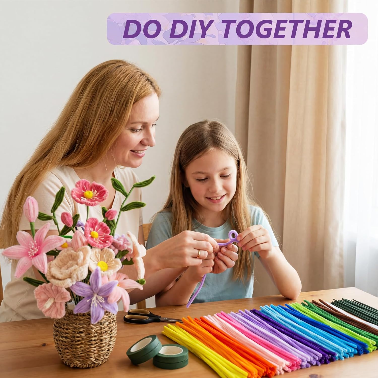 Detalle de 1050 PCS Pipe Cleaner Flower Kit: 15 Colors, Floral Stems, and DIY Craft Essentials