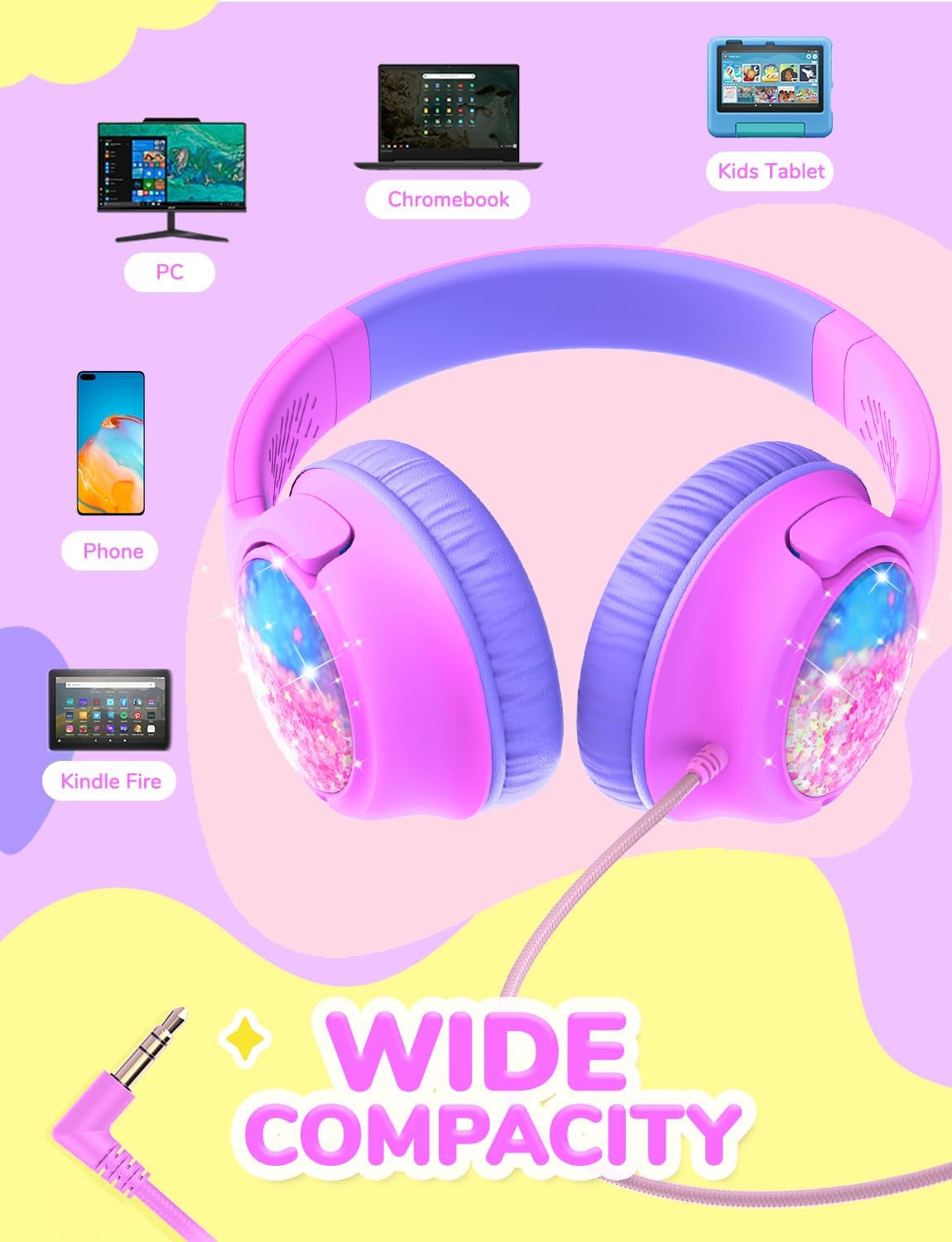 Thumbnail 5 de iClever Kids Wired Headphones (85 dBA volume limit) – Foldable Over-Ear for School (Purple Glitter)