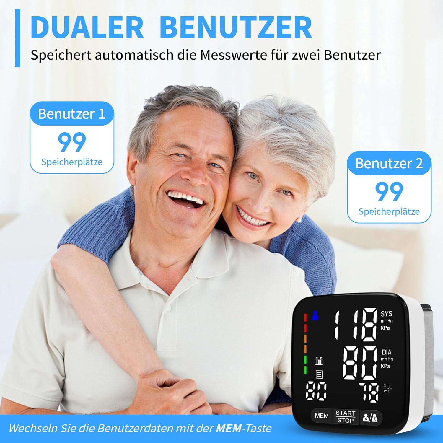 Detalle de Axets Blutdruckmessgerät Handgelenk mit Arrhythmie-Erkennung – automatische Messung, farbiger Risiko-Indikator, 2×99 Speicherplätze